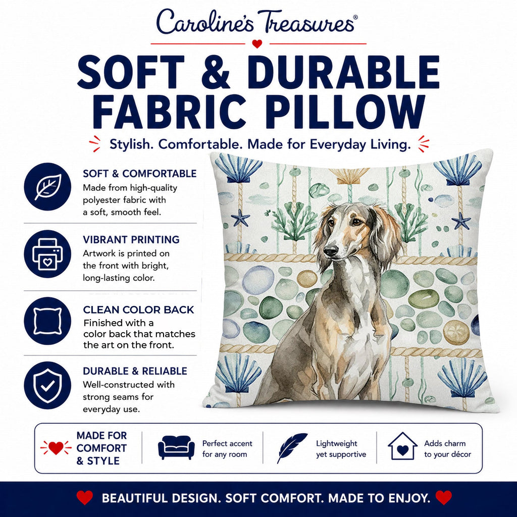 Grizzle Saluki Coastal Sea Glass Decorative Throw Pillow 18x18 Indoor Outdoor Accent Cushion, Fabric Cover with Insert for Sofa, Bed, Porch & Living Room