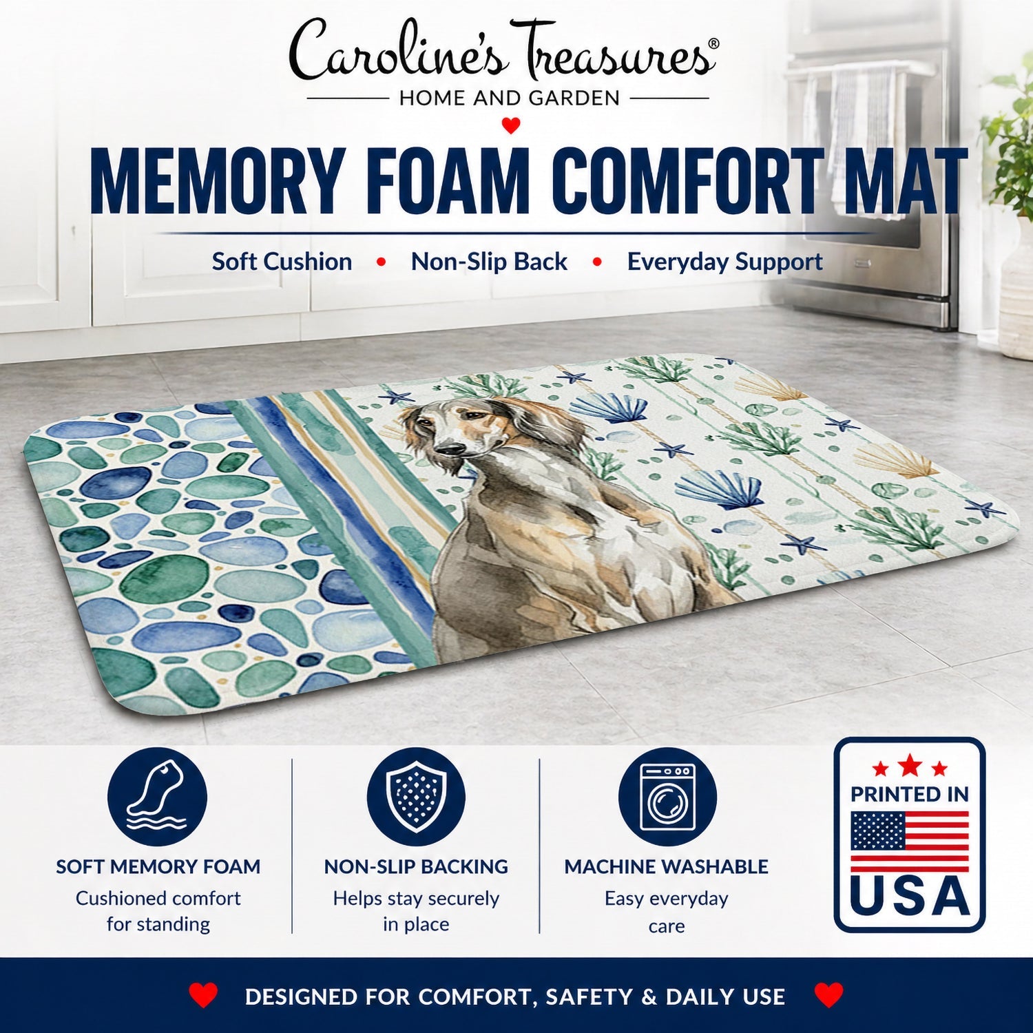 Grizzle Saluki Coastal Sea Glass Memory Foam Kitchen Mat Machine Washable Anti-Fatigue Cushion Comfort Bath or Kitchen Rug
