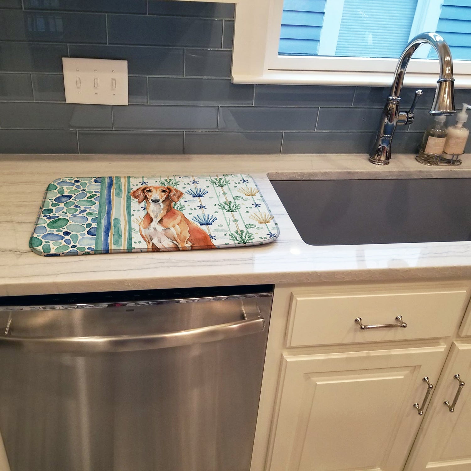 Red Saluki Coastal Sea Glass Dish Drying Mat Absorbent Dish Drying Mat Pad for Kitchen Counter Dish Drainer Mat for Countertop, 14 x 21", Multicolor