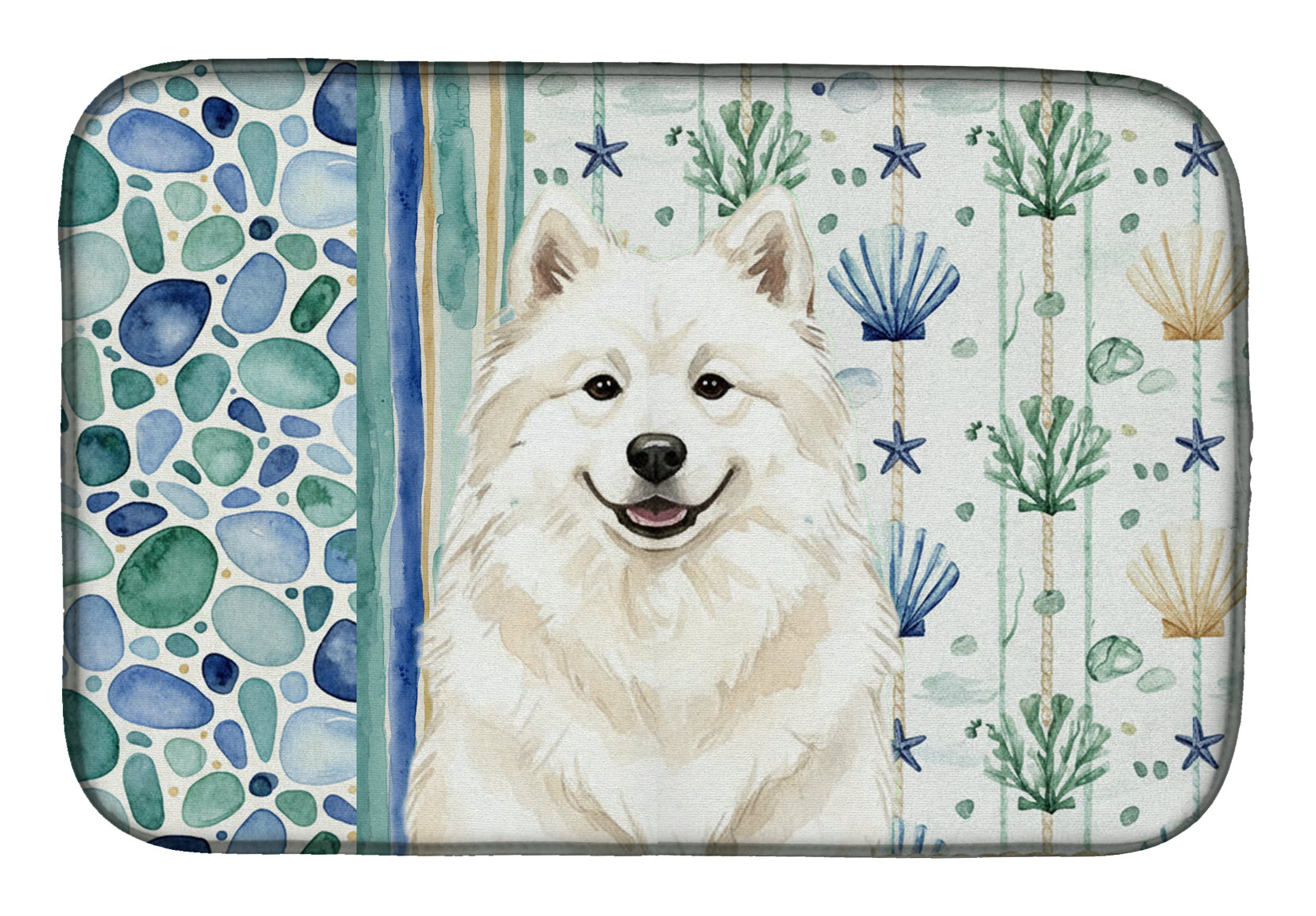 Cream Samoyed Coastal Sea Glass Dish Drying Mat Absorbent Dish Drying Mat Pad for Kitchen Counter Dish Drainer Mat for Countertop, 14 x 21", Multicolor