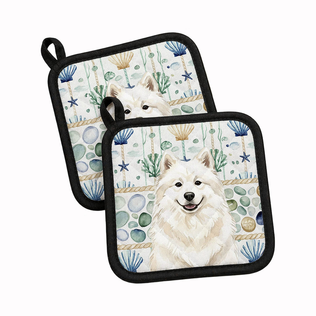 Cream Samoyed Coastal Sea Glass Pot Holder Set of 2 Heat Resistant Quilted Hot Pads 7.5 x 7.5 Inch, Insulated Kitchen Trivets for Cooking & Baking