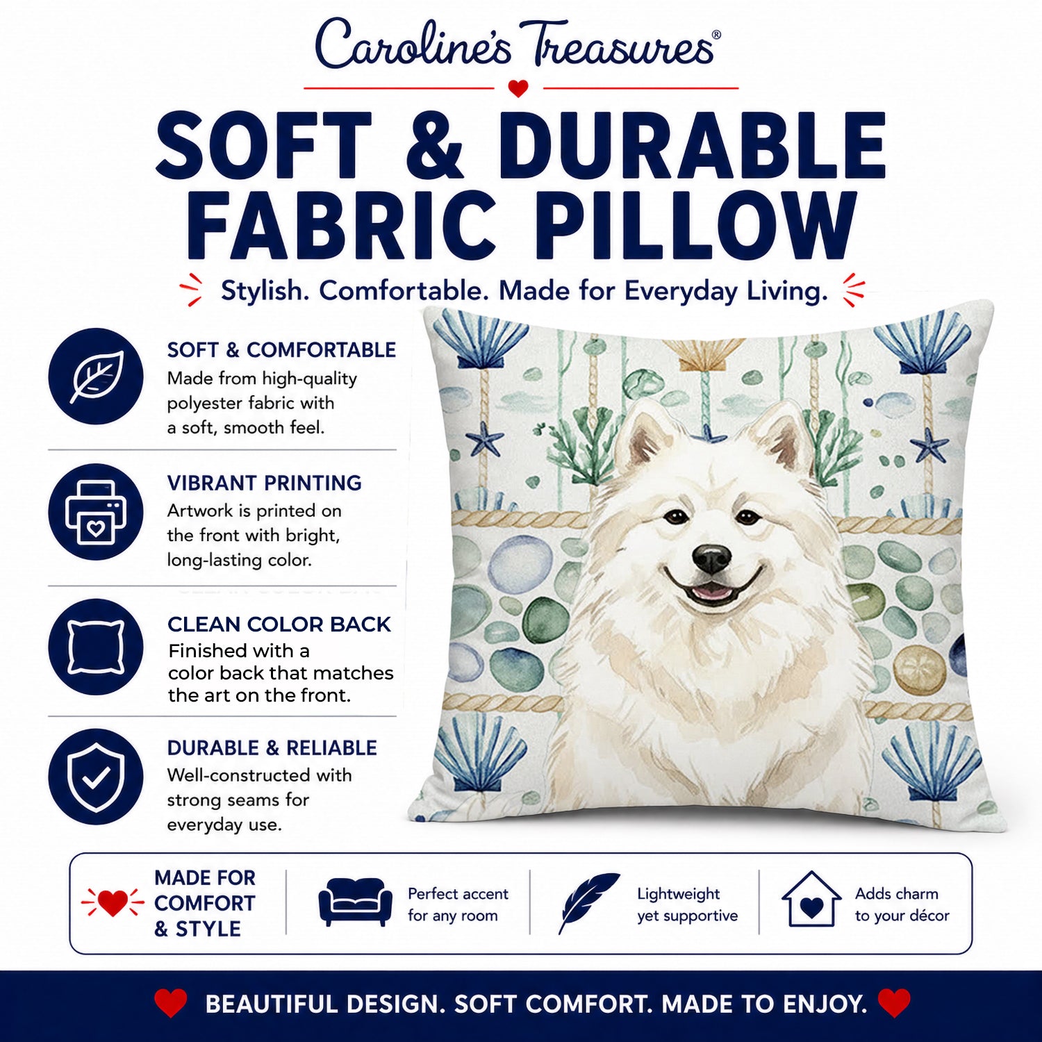 Cream Samoyed Coastal Sea Glass Decorative Throw Pillow 18x18 Indoor Outdoor Accent Cushion, Fabric Cover with Insert for Sofa, Bed, Porch & Living Room