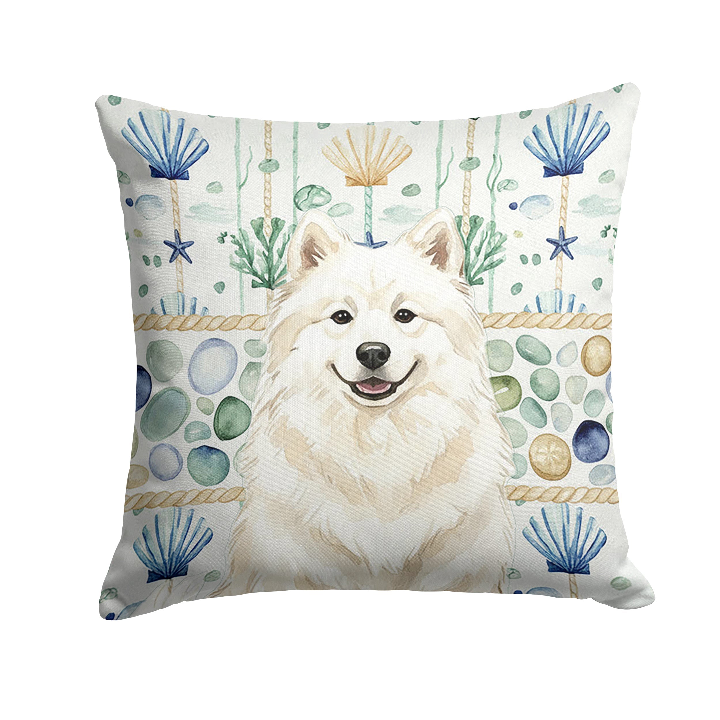 Cream Samoyed Coastal Sea Glass Decorative Throw Pillow 18x18 Indoor Outdoor Accent Cushion, Fabric Cover with Insert for Sofa, Bed, Porch & Living Room