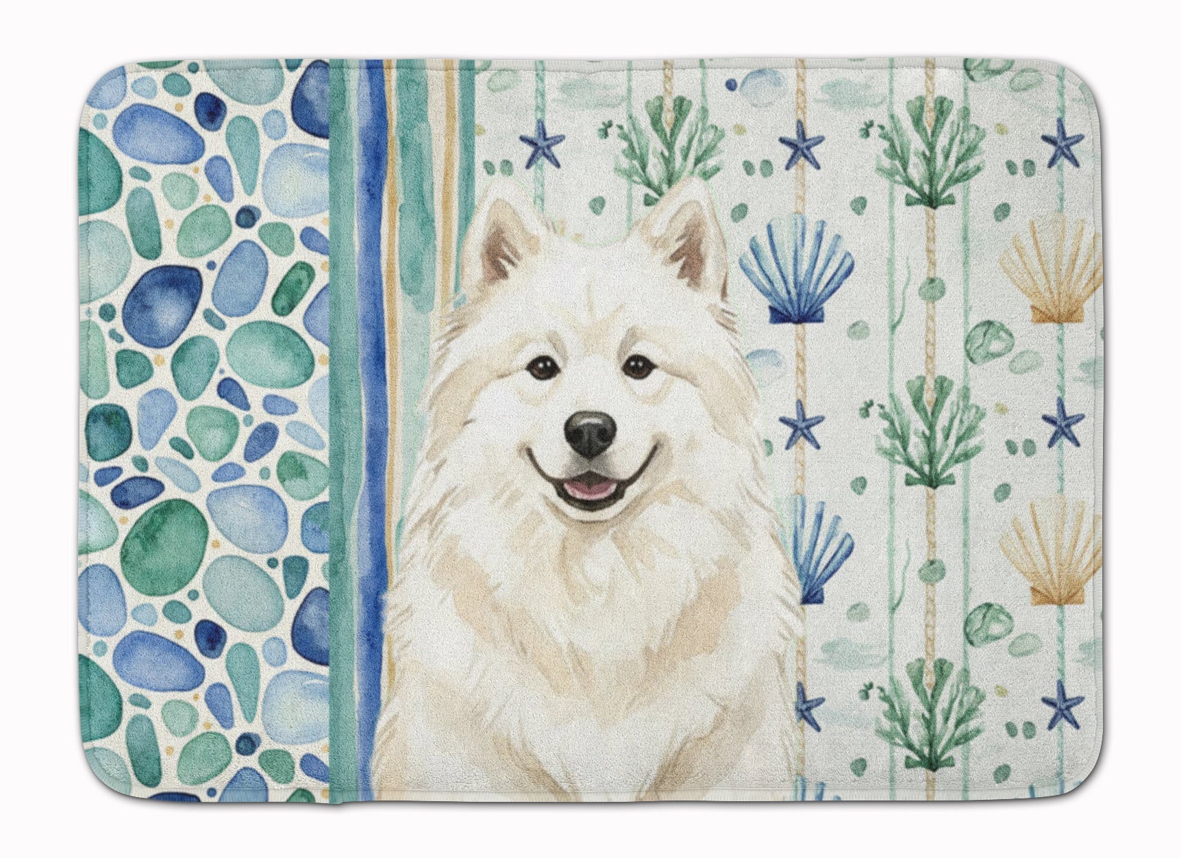 Cream Samoyed Coastal Sea Glass Memory Foam Kitchen Mat Machine Washable Anti-Fatigue Cushion Comfort Bath or Kitchen Rug