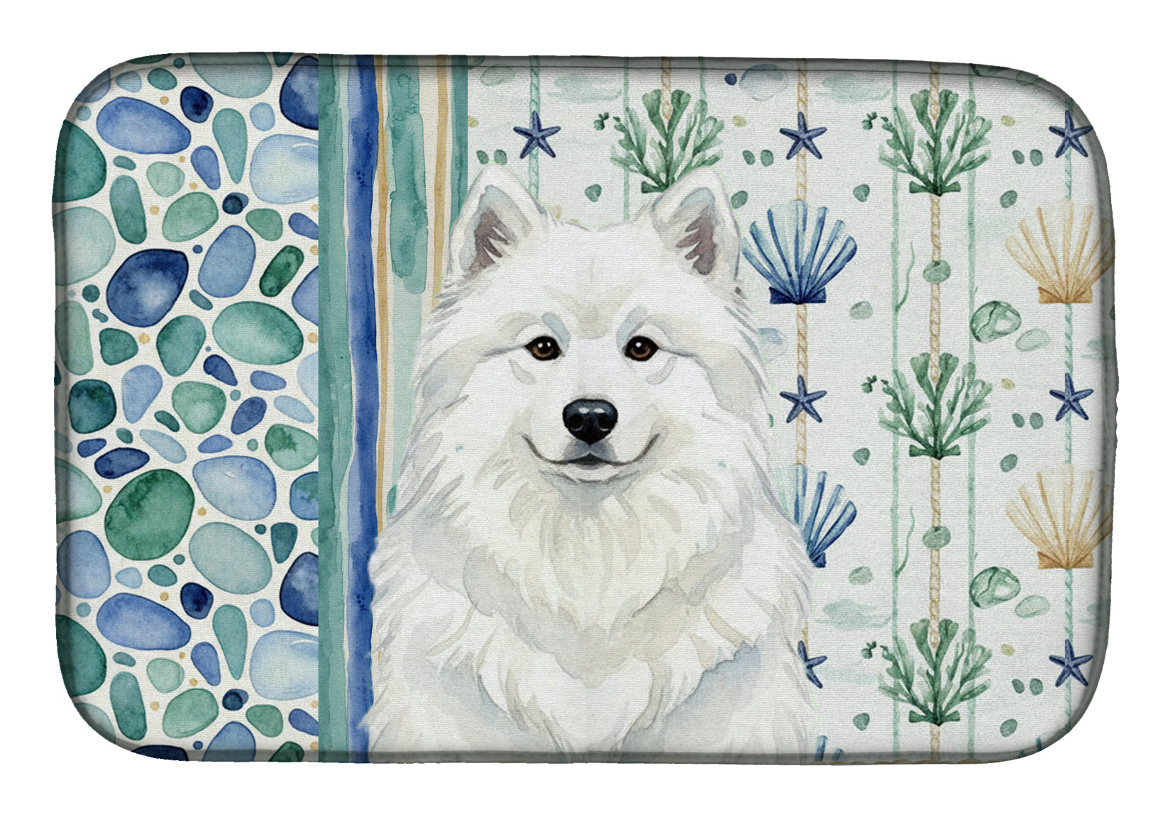 White Samoyed Coastal Sea Glass Dish Drying Mat Absorbent Dish Drying Mat Pad for Kitchen Counter Dish Drainer Mat for Countertop, 14 x 21", Multicolor