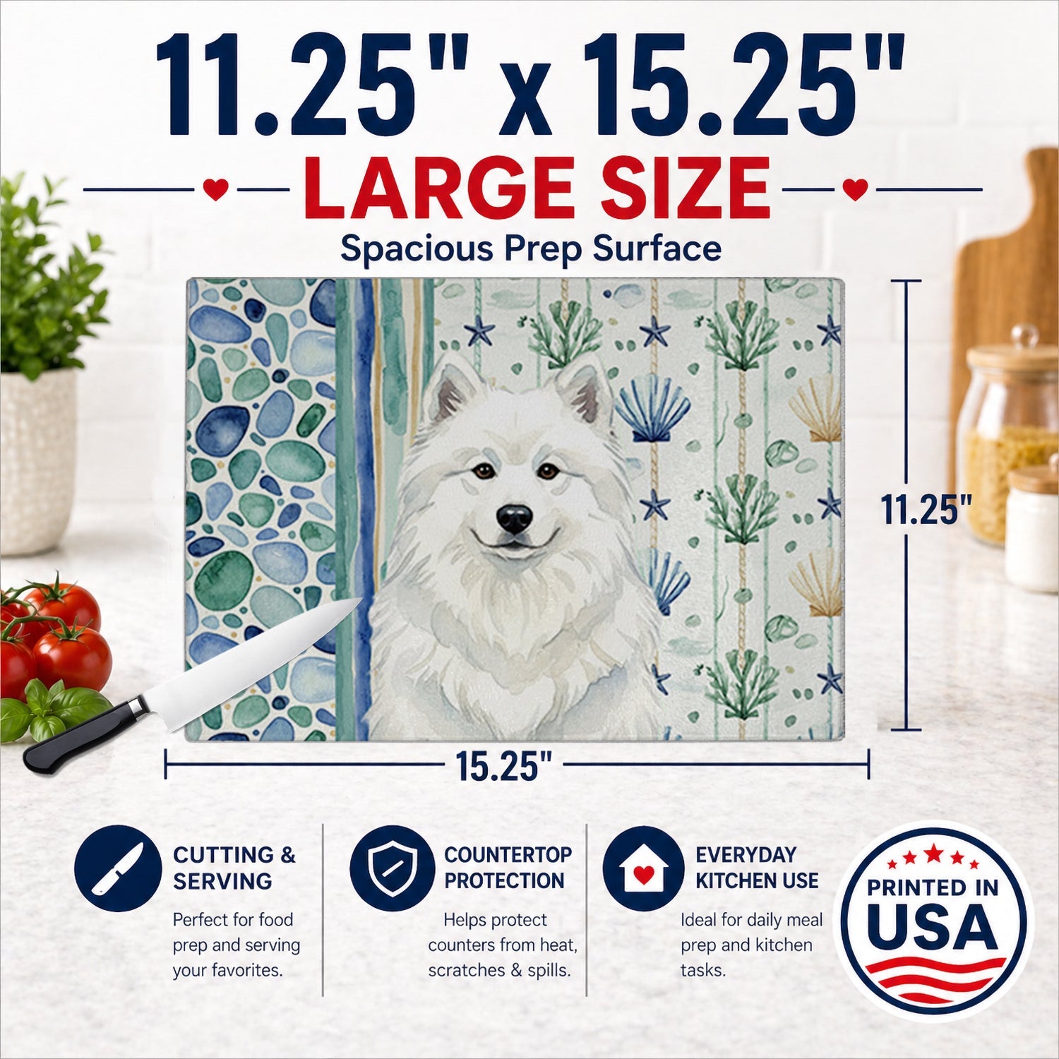 White Samoyed Coastal Sea Glass Cutting Board Tempered Glass Kitchen Cutting Surface, Heat Resistant Chopping, Non-Slip Feet, Food Prep & Serving
