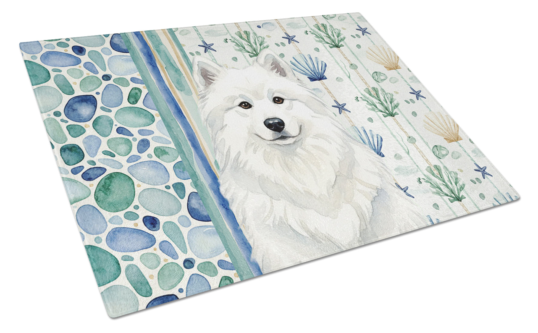 White Samoyed Coastal Sea Glass Cutting Board Tempered Glass Kitchen Cutting Surface, Heat Resistant Chopping, Non-Slip Feet, Food Prep & Serving