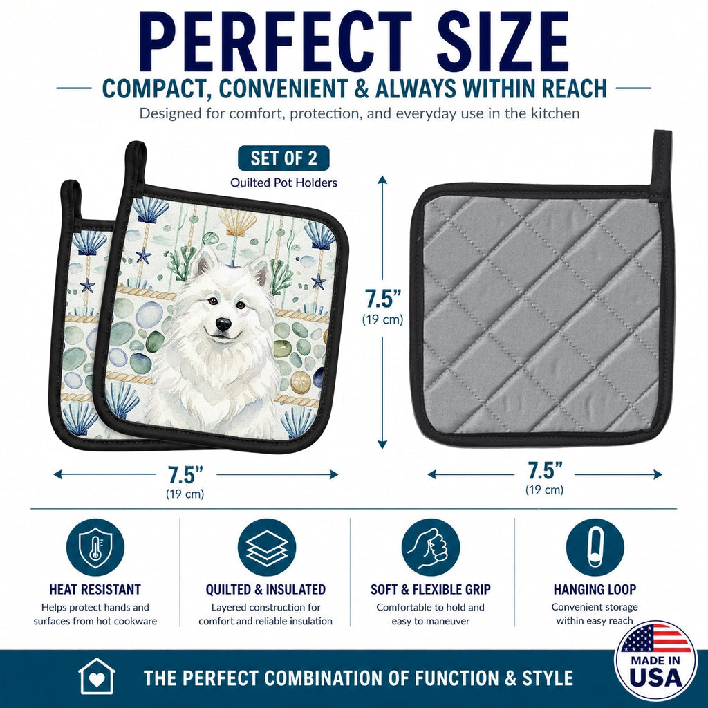White Samoyed Coastal Sea Glass Pot Holder Set of 2 Heat Resistant Quilted Hot Pads 7.5 x 7.5 Inch, Insulated Kitchen Trivets for Cooking & Baking