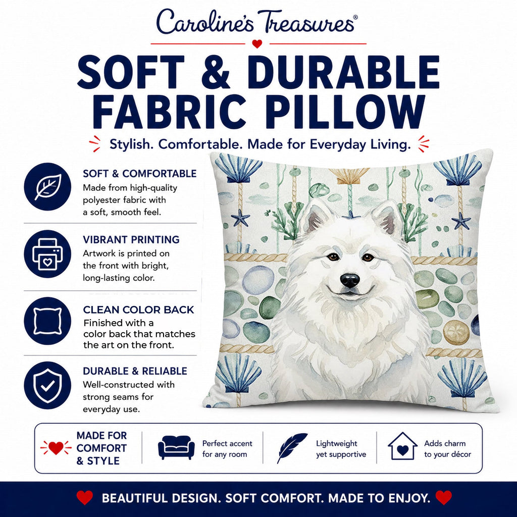 White Samoyed Coastal Sea Glass Decorative Throw Pillow 14x14 Indoor Outdoor Accent Cushion, Fabric Cover with Insert for Sofa, Bed, Porch & Living Room