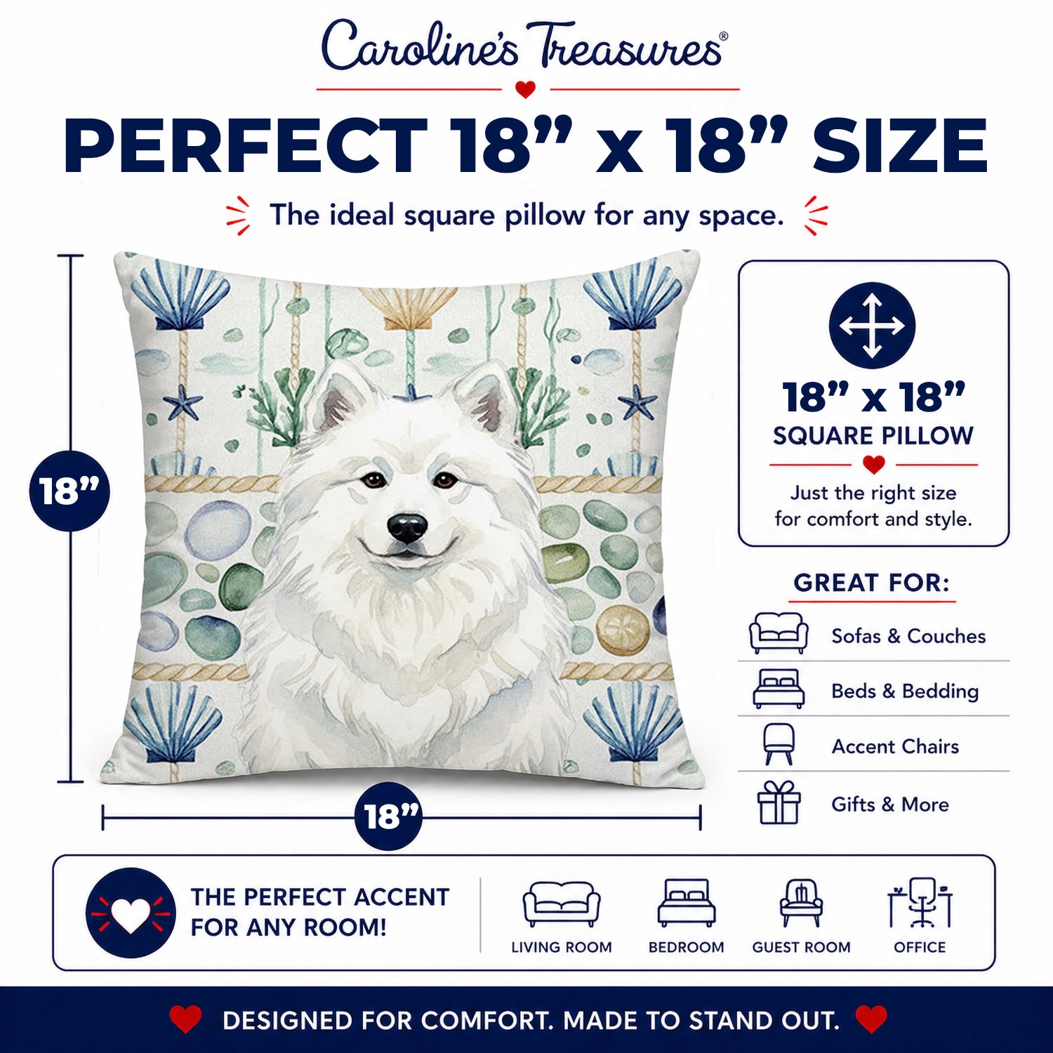 White Samoyed Coastal Sea Glass Decorative Throw Pillow 18x18 Indoor Outdoor Accent Cushion, Fabric Cover with Insert for Sofa, Bed, Porch & Living Room