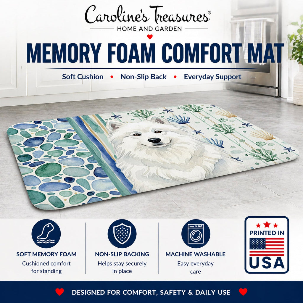 White Samoyed Coastal Sea Glass Memory Foam Kitchen Mat Machine Washable Anti-Fatigue Cushion Comfort Bath or Kitchen Rug