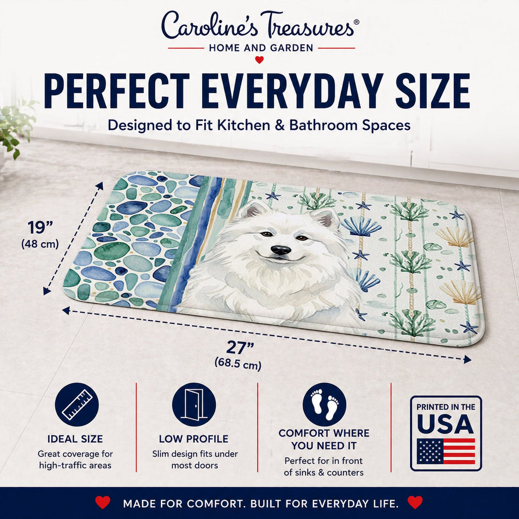White Samoyed Coastal Sea Glass Memory Foam Kitchen Mat Machine Washable Anti-Fatigue Cushion Comfort Bath or Kitchen Rug