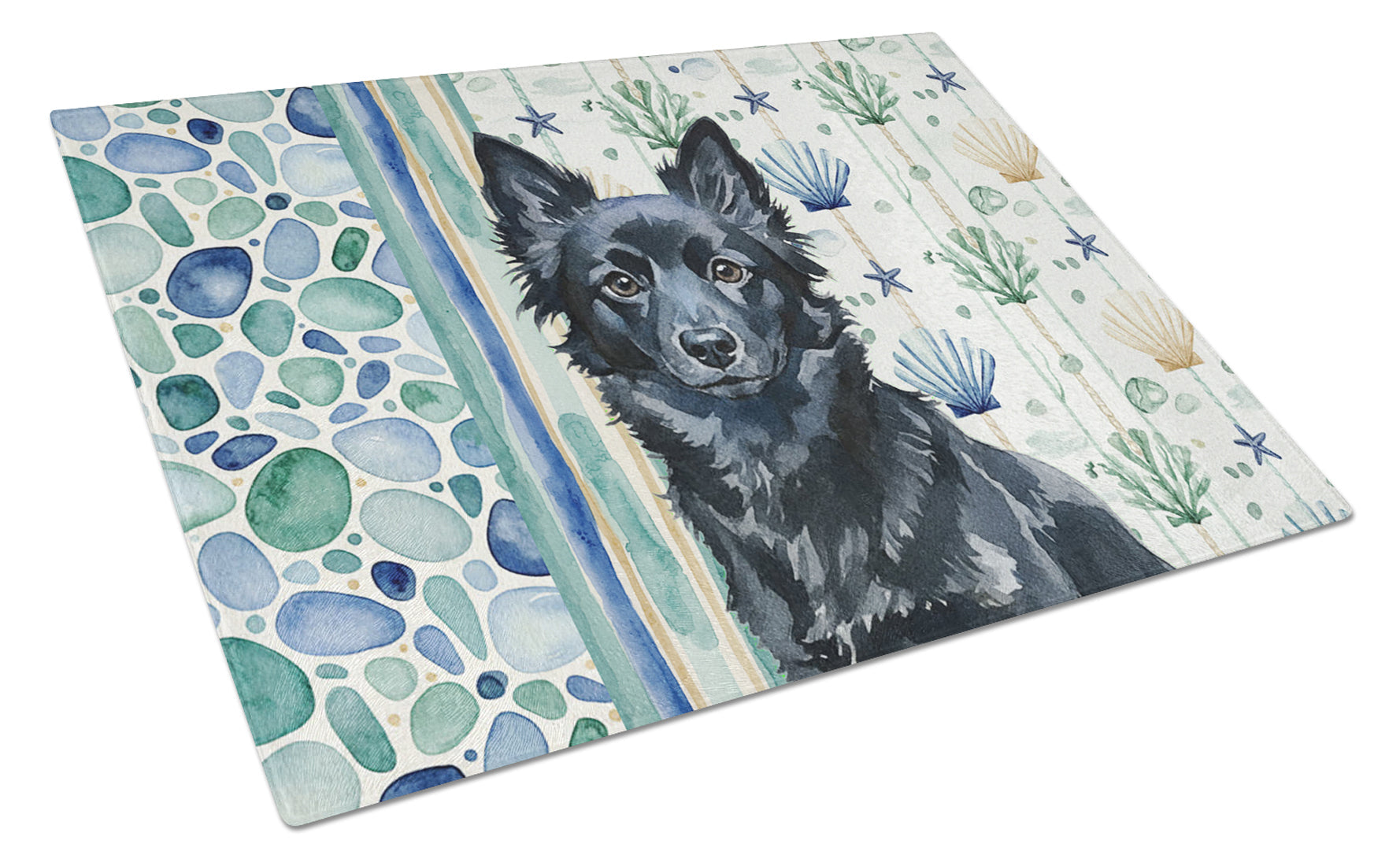 Schipperke Coastal Sea Glass Cutting Board Tempered Glass Kitchen Cutting Surface, Heat Resistant Chopping, Non-Slip Feet, Food Prep & Serving