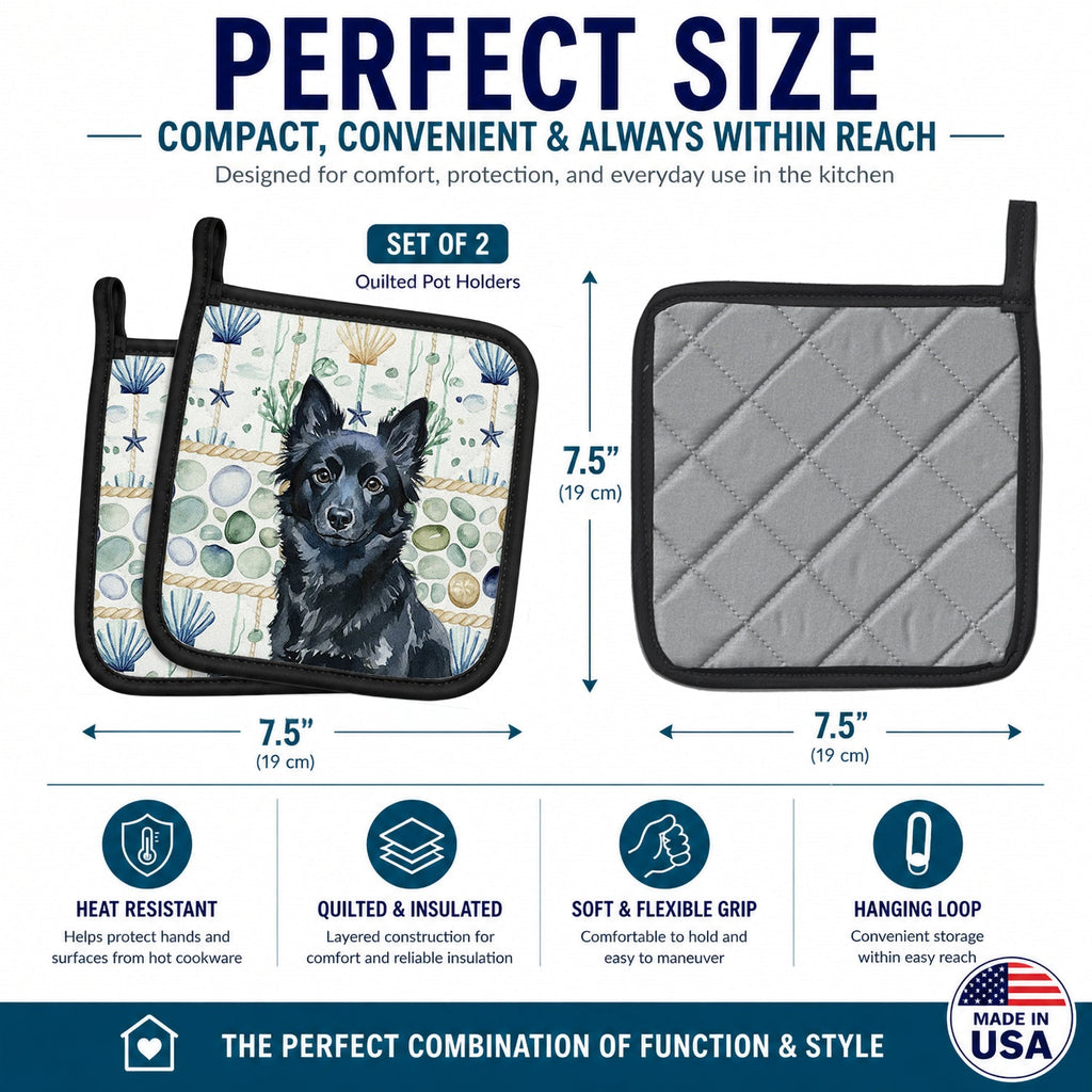 Schipperke Coastal Sea Glass Pot Holder Set of 2 Heat Resistant Quilted Hot Pads 7.5 x 7.5 Inch, Insulated Kitchen Trivets for Cooking & Baking