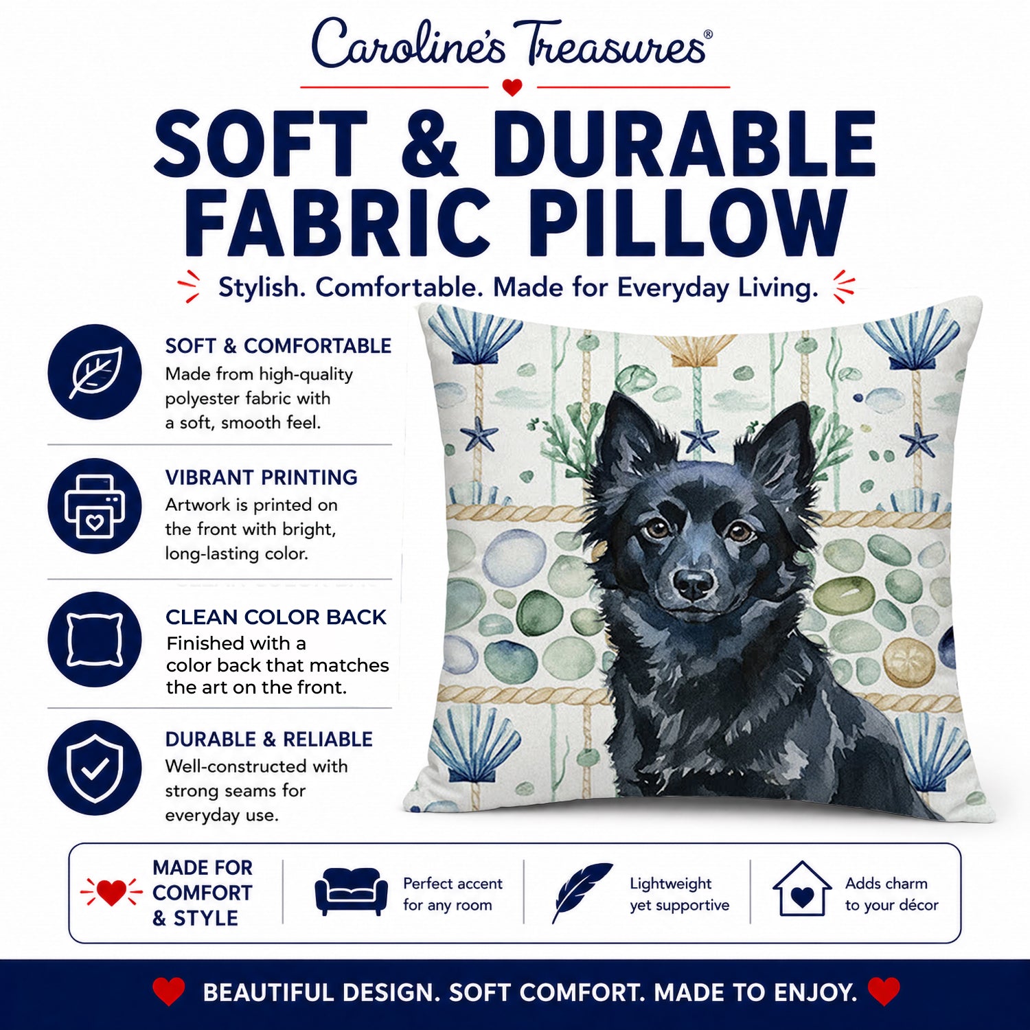 Schipperke Coastal Sea Glass Decorative Throw Pillow 14x14 Indoor Outdoor Accent Cushion, Fabric Cover with Insert for Sofa, Bed, Porch & Living Room