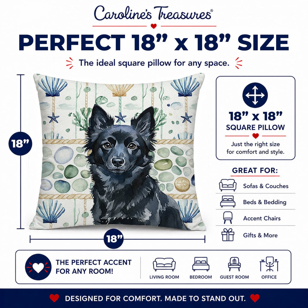 Schipperke Coastal Sea Glass Decorative Throw Pillow 18x18 Indoor Outdoor Accent Cushion, Fabric Cover with Insert for Sofa, Bed, Porch & Living Room