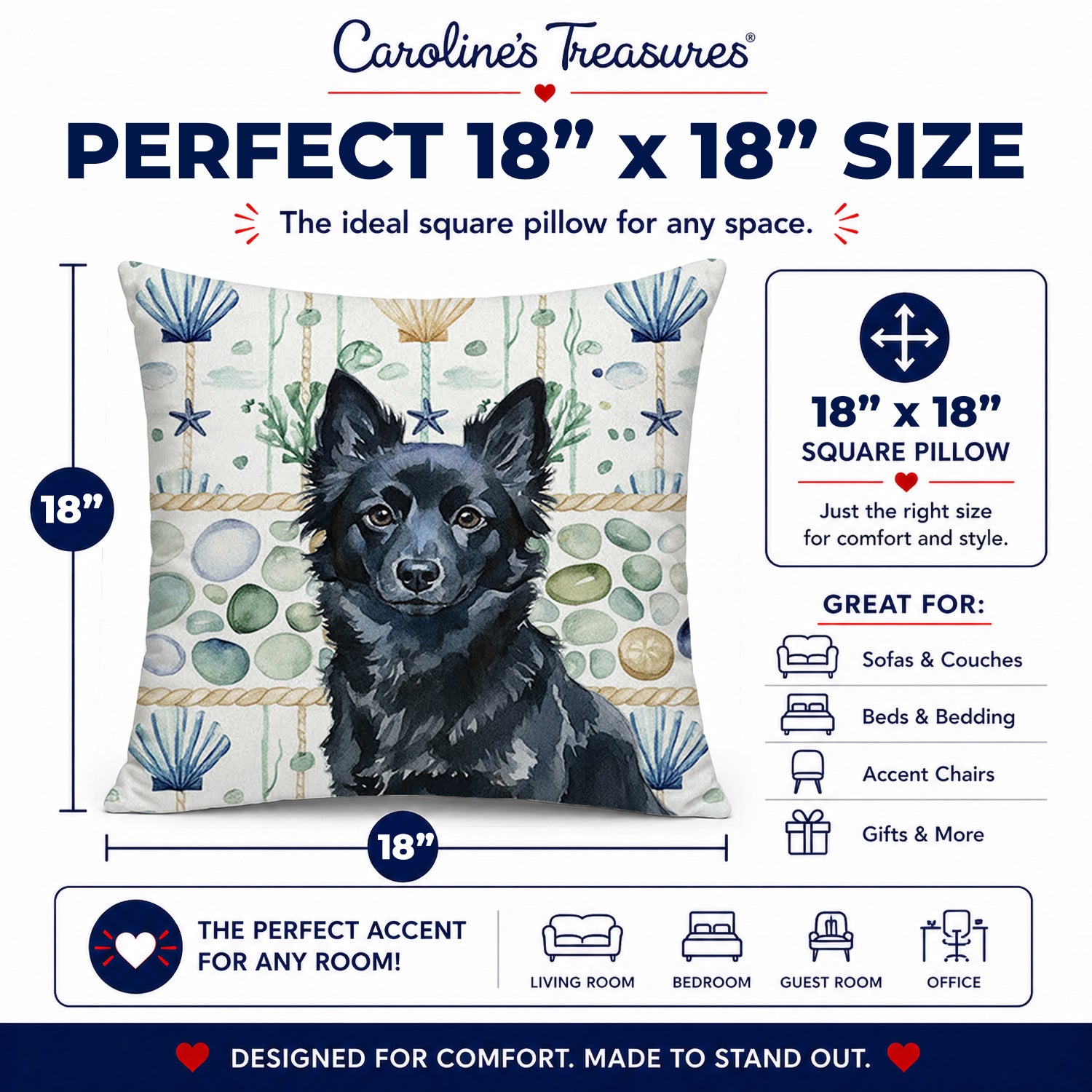 Schipperke Coastal Sea Glass Decorative Throw Pillow 18x18 Indoor Outdoor Accent Cushion, Fabric Cover with Insert for Sofa, Bed, Porch & Living Room