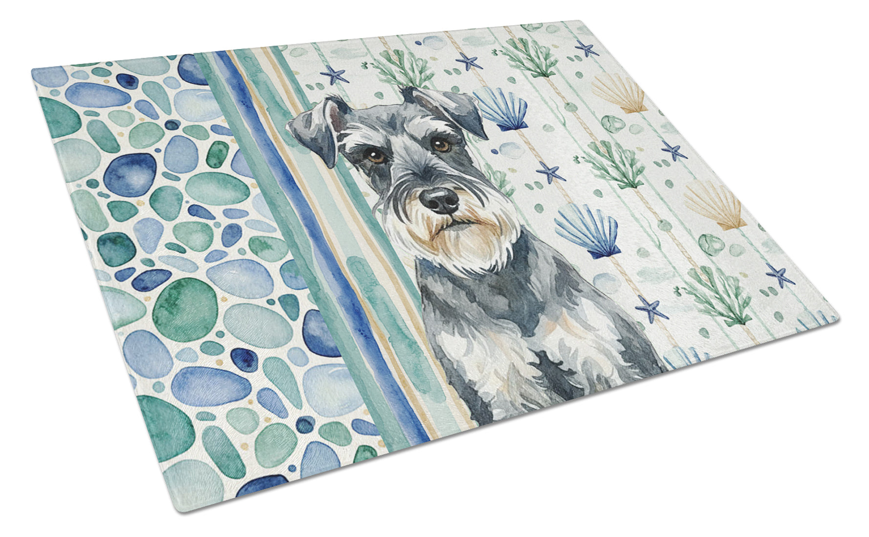 Schnauzer Coastal Sea Glass Cutting Board Tempered Glass Kitchen Cutting Surface, Heat Resistant Chopping, Non-Slip Feet, Food Prep & Serving