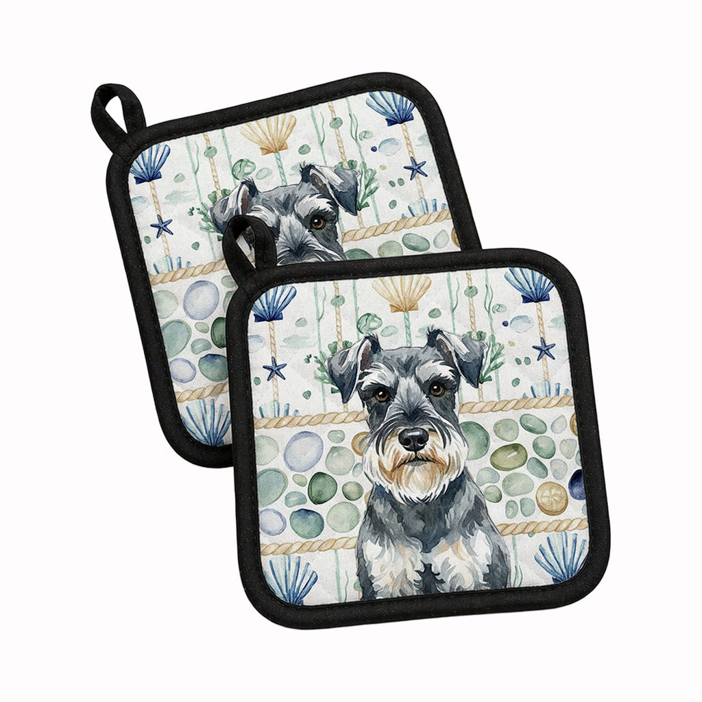 Schnauzer Coastal Sea Glass Pot Holder Set of 2 Heat Resistant Quilted Hot Pads 7.5 x 7.5 Inch, Insulated Kitchen Trivets for Cooking & Baking
