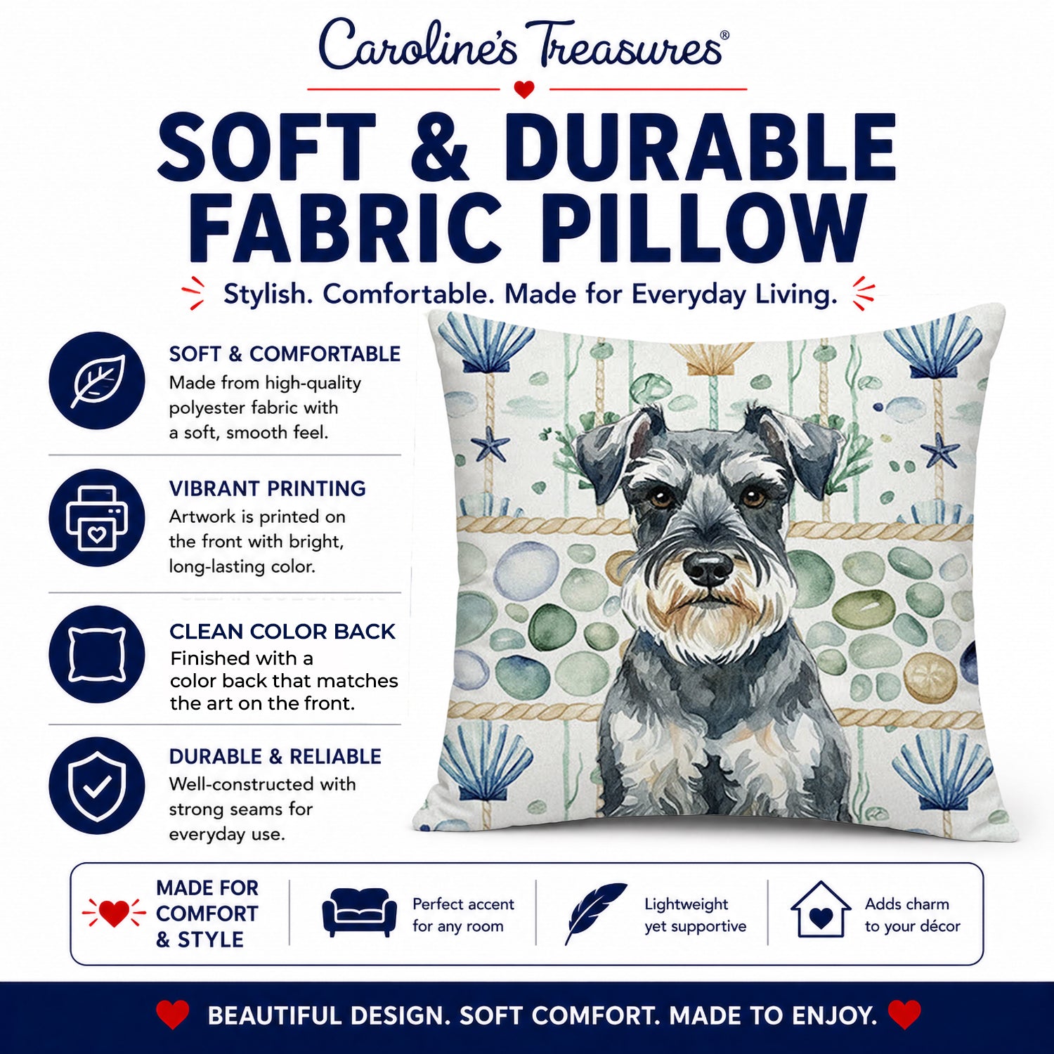 Schnauzer Coastal Sea Glass Decorative Throw Pillow 14x14 Indoor Outdoor Accent Cushion, Fabric Cover with Insert for Sofa, Bed, Porch & Living Room