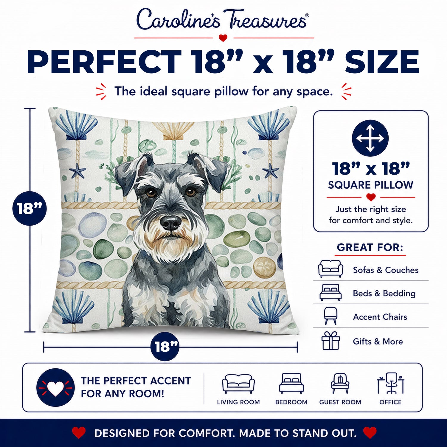 Schnauzer Coastal Sea Glass Decorative Throw Pillow 18x18 Indoor Outdoor Accent Cushion, Fabric Cover with Insert for Sofa, Bed, Porch & Living Room