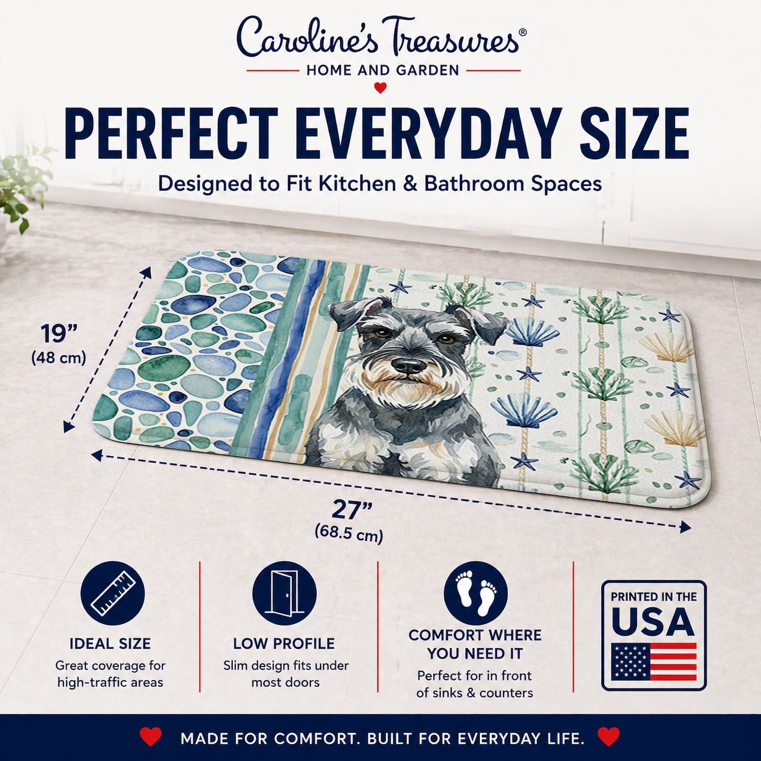 Schnauzer Coastal Sea Glass Memory Foam Kitchen Mat Machine Washable Anti-Fatigue Cushion Comfort Bath or Kitchen Rug