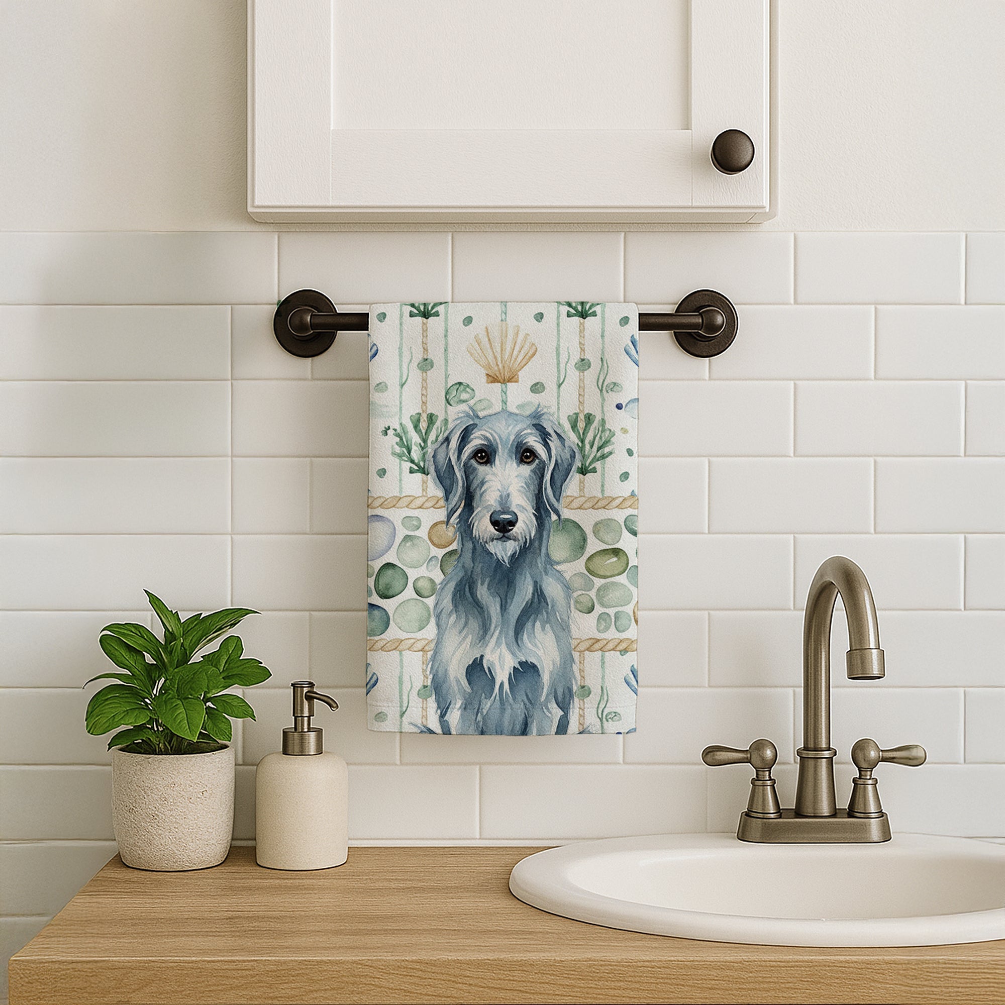 Blue-Gray Scottish Deerhound Coastal Sea Glass Kitchen Towel Velour Plush Front and Cotton Loop Back Machine Washable