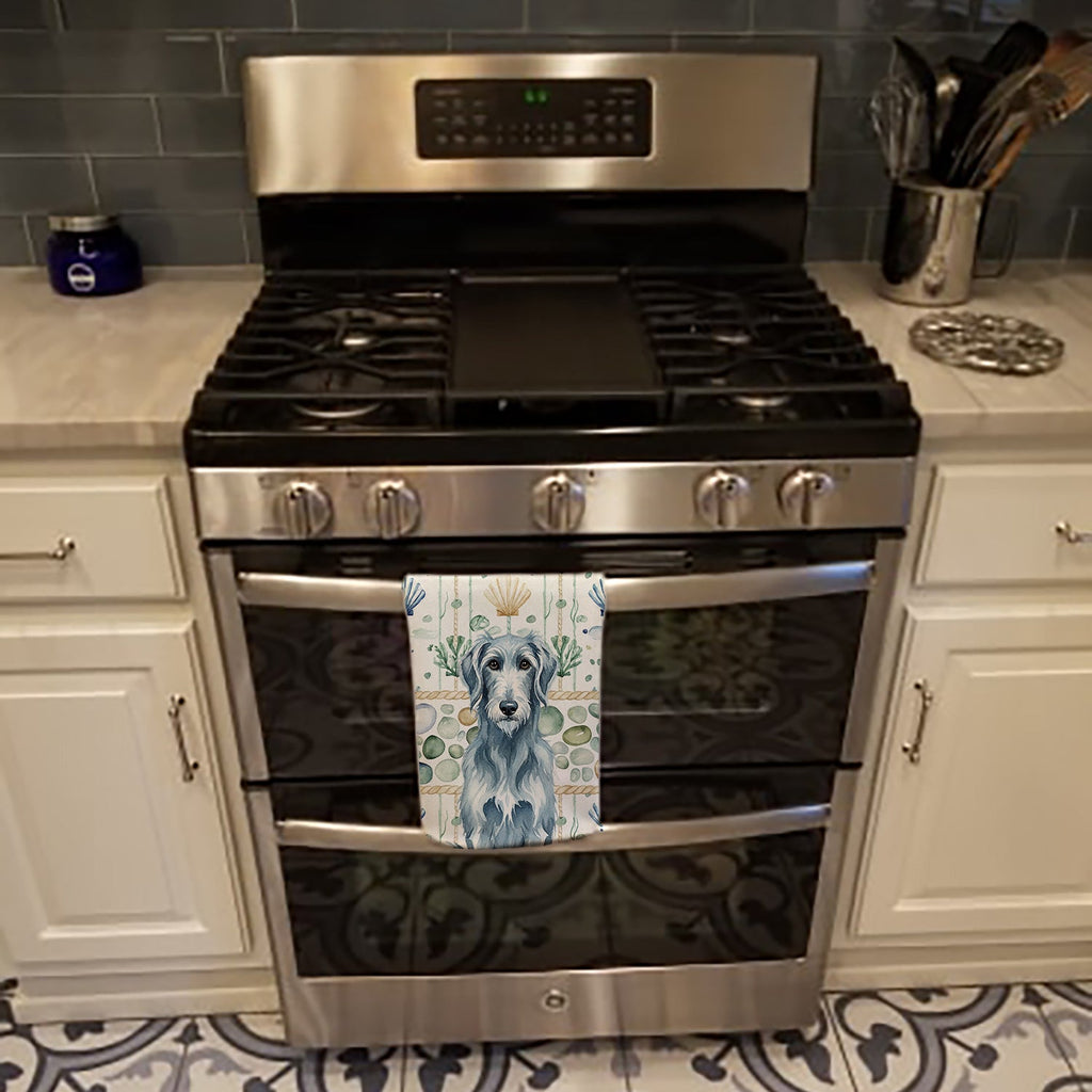 Blue-Gray Scottish Deerhound Coastal Sea Glass Kitchen Towel Velour Plush Front and Cotton Loop Back Machine Washable