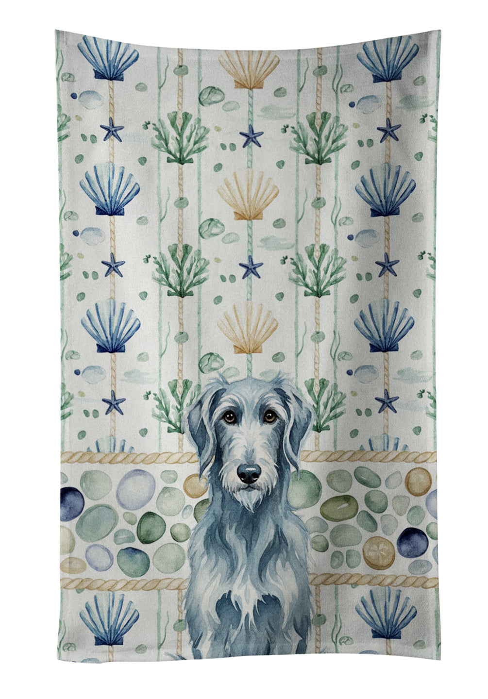 Blue-Gray Scottish Deerhound Coastal Sea Glass Kitchen Towel Velour Plush Front and Cotton Loop Back Machine Washable