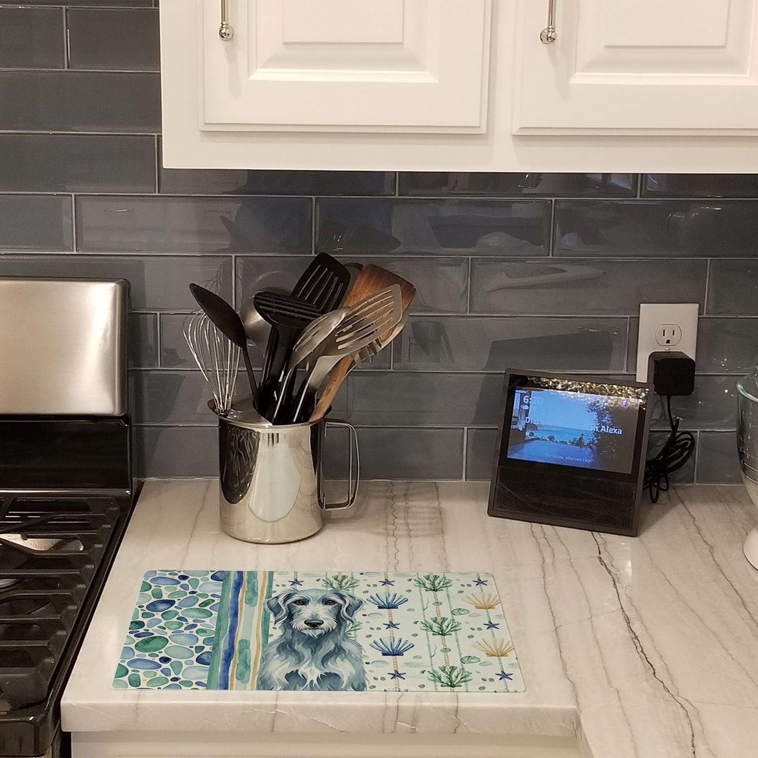 Blue-Gray Scottish Deerhound Coastal Sea Glass Cutting Board Tempered Glass Kitchen Cutting Surface, Heat Resistant Chopping, Non-Slip Feet, Food Prep & Serving