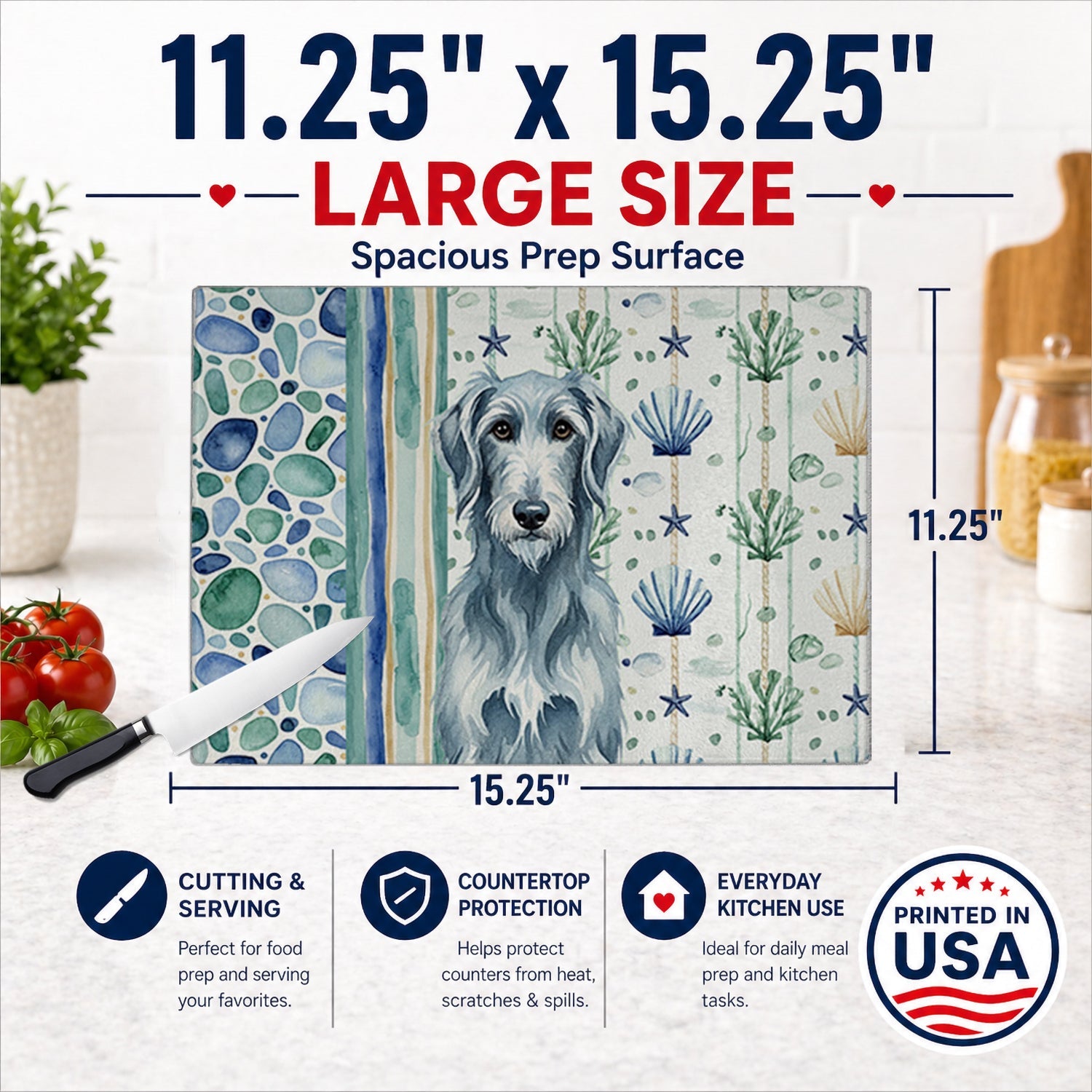 Blue-Gray Scottish Deerhound Coastal Sea Glass Cutting Board Tempered Glass Kitchen Cutting Surface, Heat Resistant Chopping, Non-Slip Feet, Food Prep & Serving