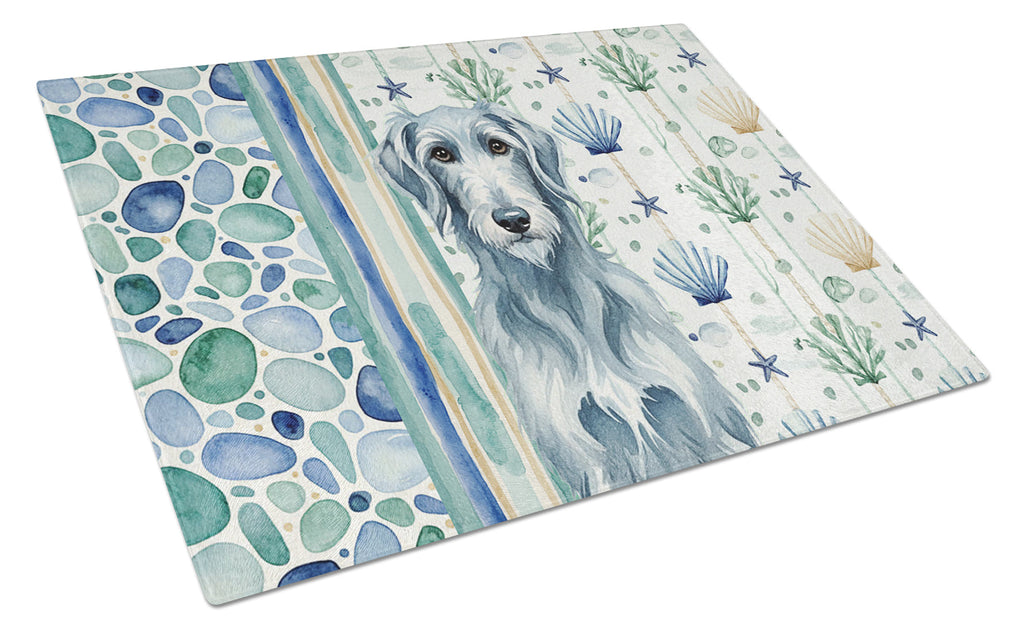 Blue-Gray Scottish Deerhound Coastal Sea Glass Cutting Board Tempered Glass Kitchen Cutting Surface, Heat Resistant Chopping, Non-Slip Feet, Food Prep & Serving
