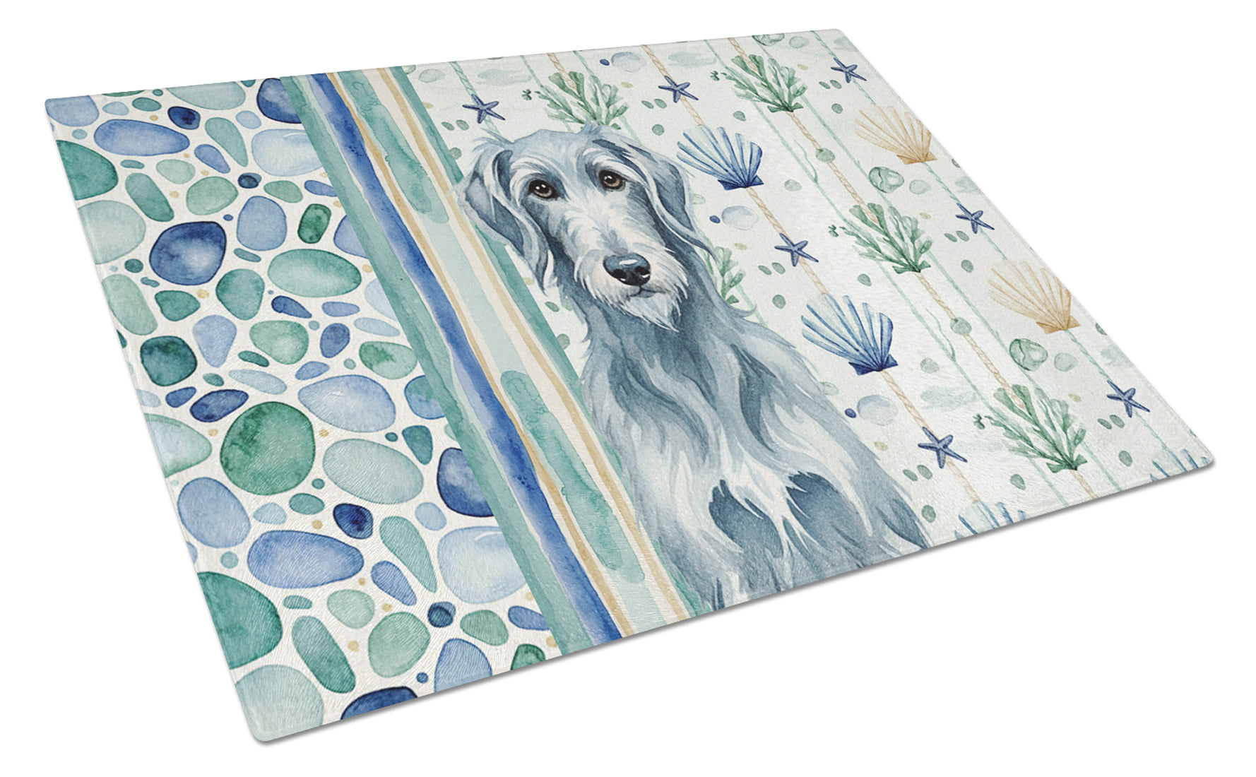 Blue-Gray Scottish Deerhound Coastal Sea Glass Cutting Board Tempered Glass Kitchen Cutting Surface, Heat Resistant Chopping, Non-Slip Feet, Food Prep & Serving