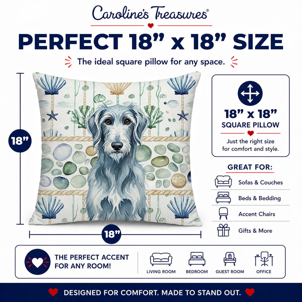 Blue-Gray Scottish Deerhound Coastal Sea Glass Decorative Throw Pillow 18x18 Indoor Outdoor Accent Cushion, Fabric Cover with Insert for Sofa, Bed, Porch & Living Room