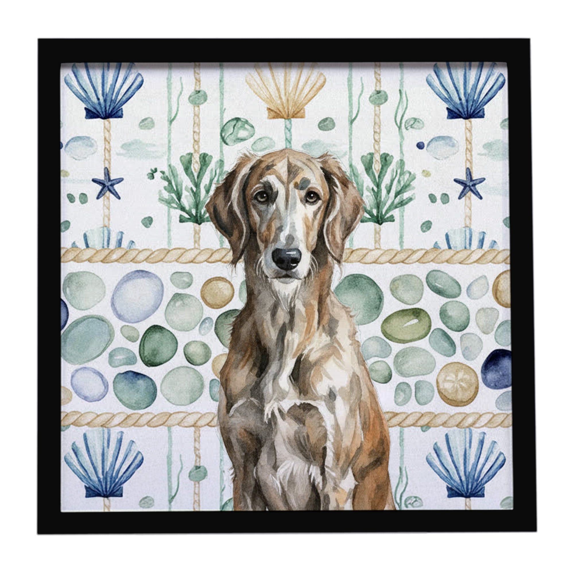 Brindle Scottish Deerhound Coastal Sea Glass Framed Metal Print Bathroom, Kitchen, Office, Home Decor Wall Art Ready to Hang, Square, 8X8