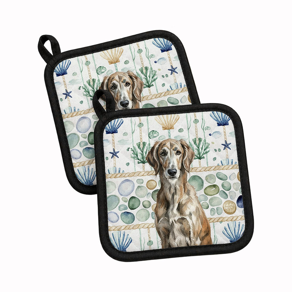 Brindle Scottish Deerhound Coastal Sea Glass Pot Holder Set of 2 Heat Resistant Quilted Hot Pads 7.5 x 7.5 Inch, Insulated Kitchen Trivets for Cooking & Baking