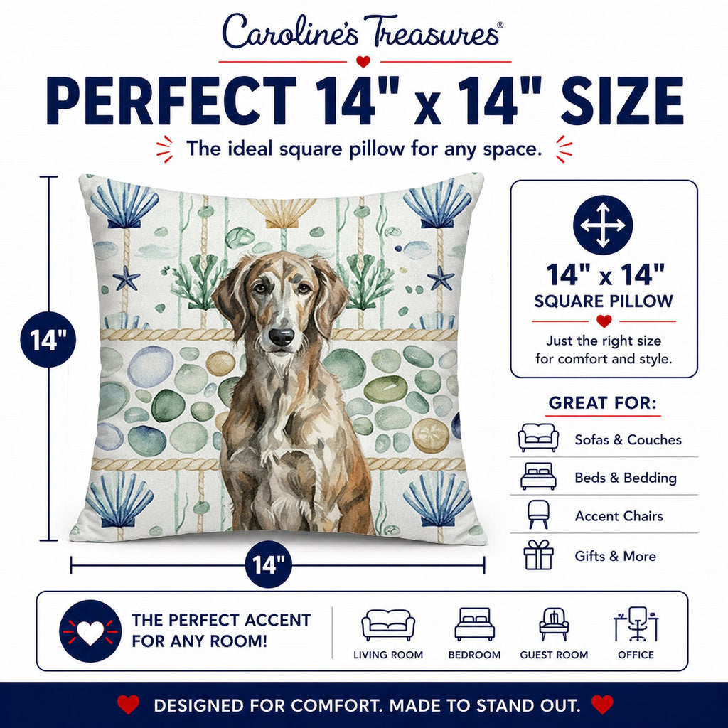 Brindle Scottish Deerhound Coastal Sea Glass Decorative Throw Pillow 14x14 Indoor Outdoor Accent Cushion, Fabric Cover with Insert for Sofa, Bed, Porch & Living Room