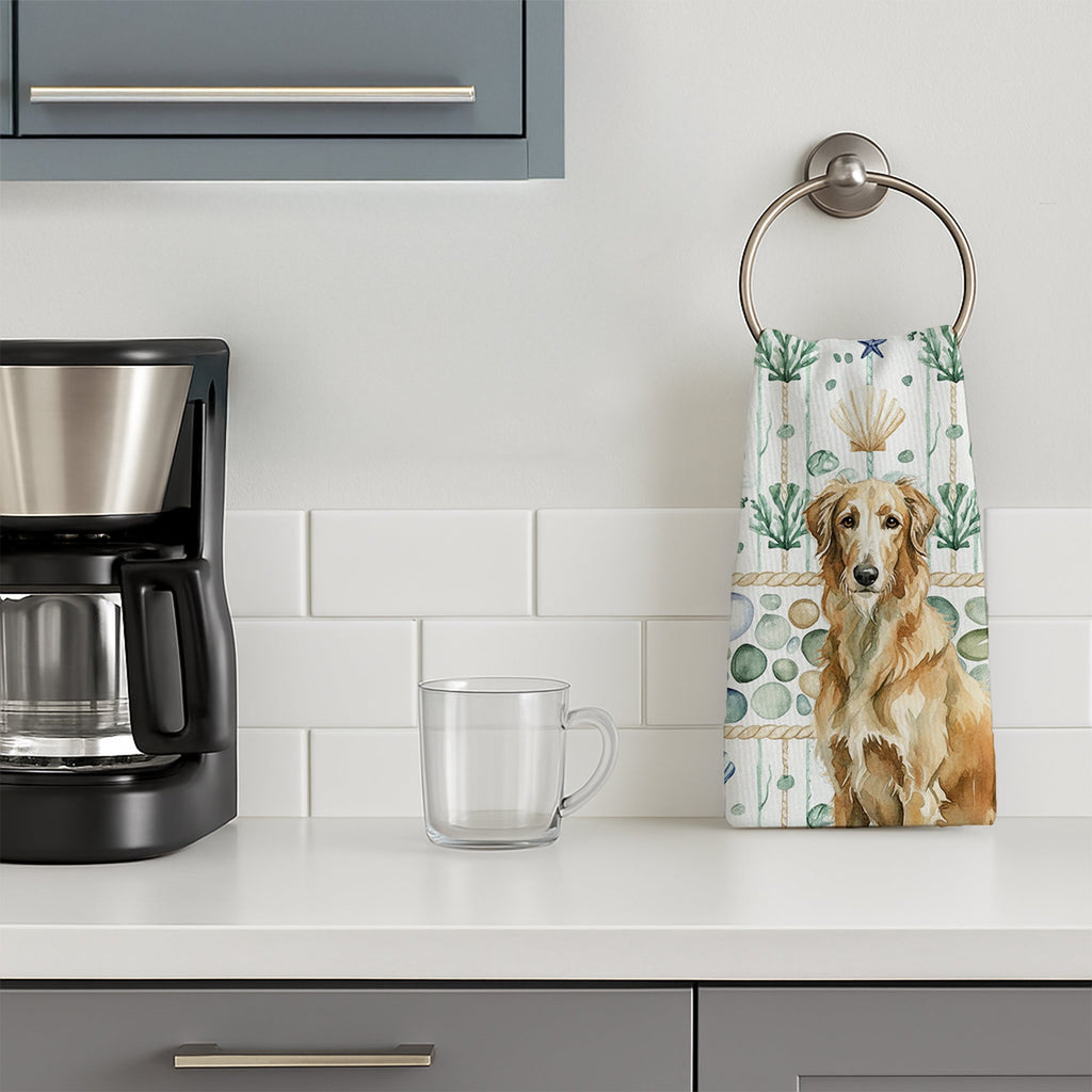 Wheaten Scottish Deerhound Coastal Sea Glass Kitchen Towel Velour Plush Front and Cotton Loop Back Machine Washable