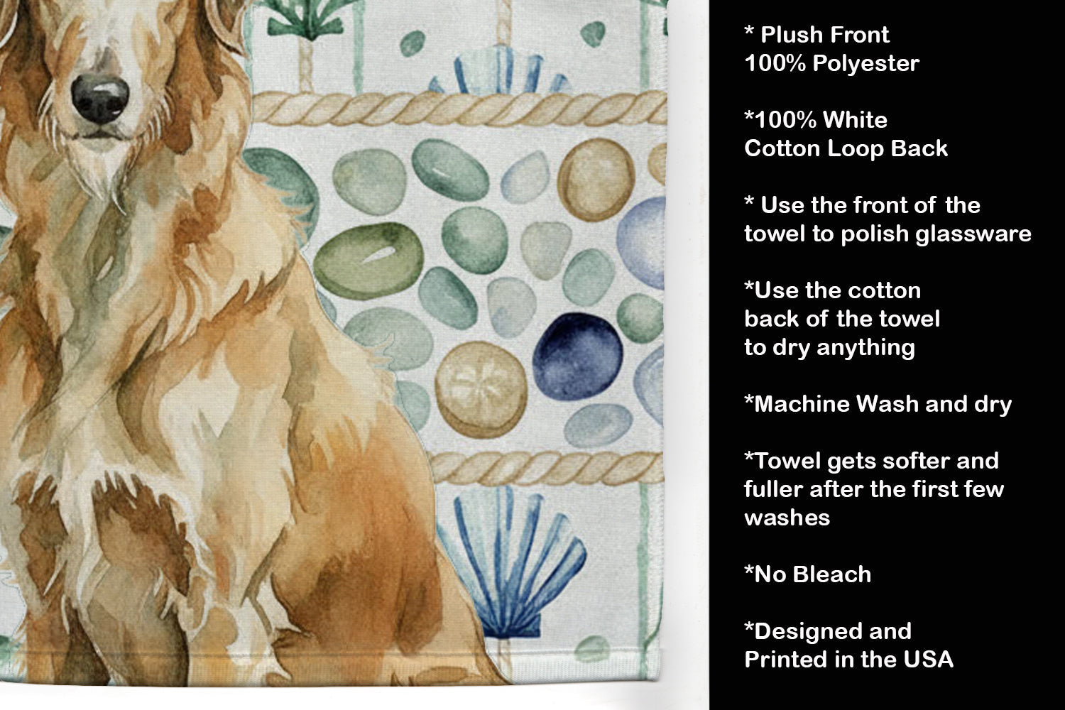 Wheaten Scottish Deerhound Coastal Sea Glass Kitchen Towel Velour Plush Front and Cotton Loop Back Machine Washable