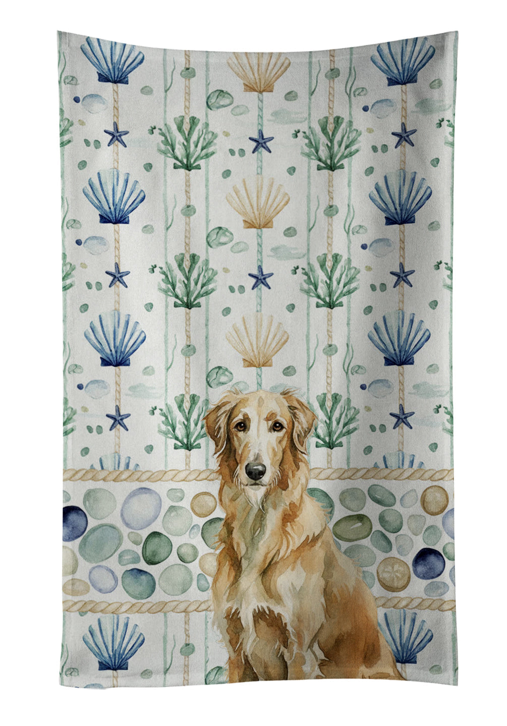 Wheaten Scottish Deerhound Coastal Sea Glass Kitchen Towel Velour Plush Front and Cotton Loop Back Machine Washable