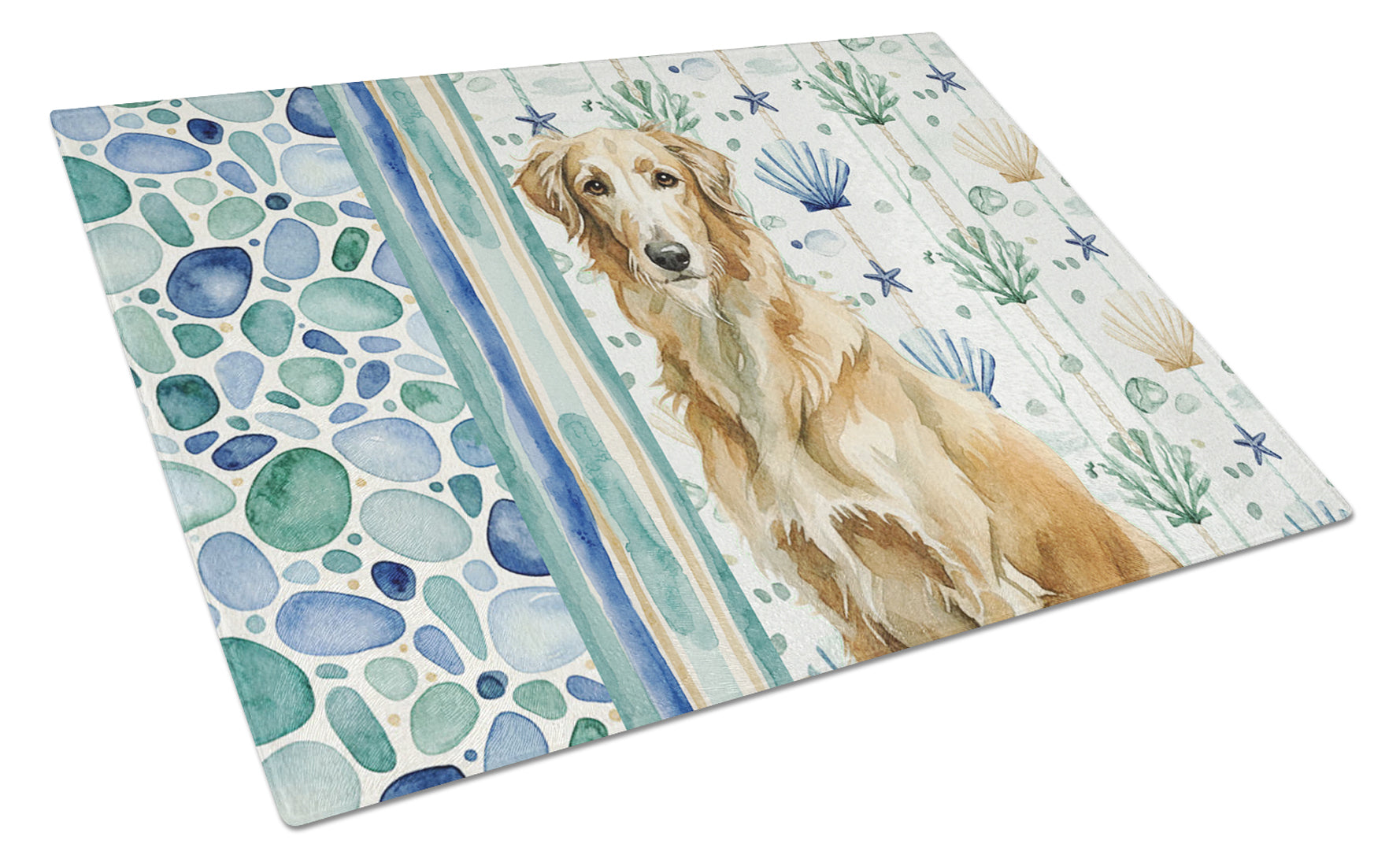 Wheaten Scottish Deerhound Coastal Sea Glass Cutting Board Tempered Glass Kitchen Cutting Surface, Heat Resistant Chopping, Non-Slip Feet, Food Prep & Serving