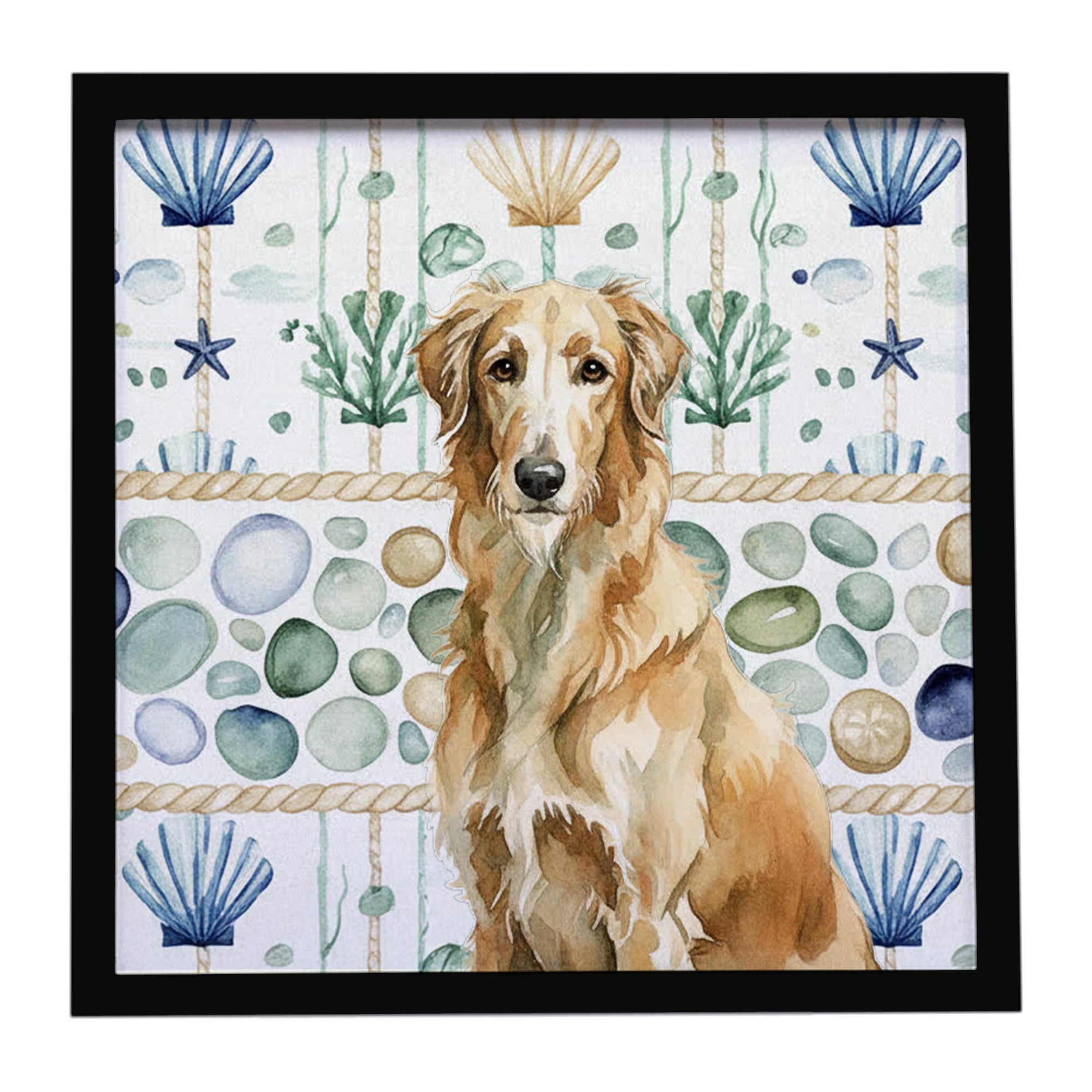 Wheaten Scottish Deerhound Coastal Sea Glass Framed Metal Print Bathroom, Kitchen, Office, Home Decor Wall Art Ready to Hang, Square, 8X8