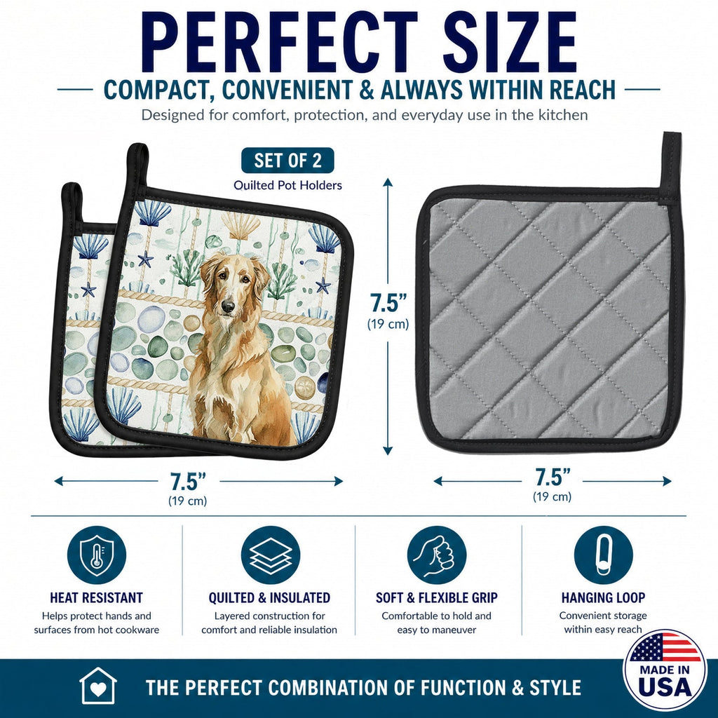Wheaten Scottish Deerhound Coastal Sea Glass Pot Holder Set of 2 Heat Resistant Quilted Hot Pads 7.5 x 7.5 Inch, Insulated Kitchen Trivets for Cooking & Baking