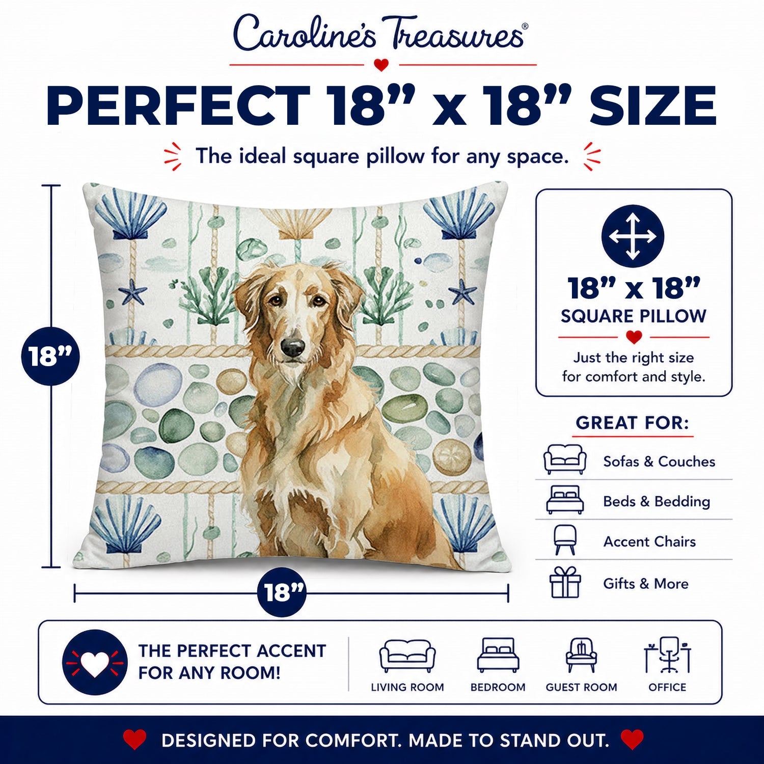 Wheaten Scottish Deerhound Coastal Sea Glass Decorative Throw Pillow 18x18 Indoor Outdoor Accent Cushion, Fabric Cover with Insert for Sofa, Bed, Porch & Living Room