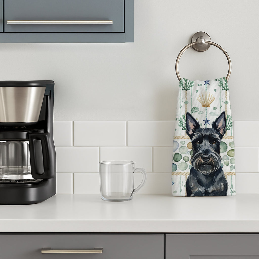 Scottish Terrier Coastal Sea Glass Kitchen Towel Velour Plush Front and Cotton Loop Back Machine Washable