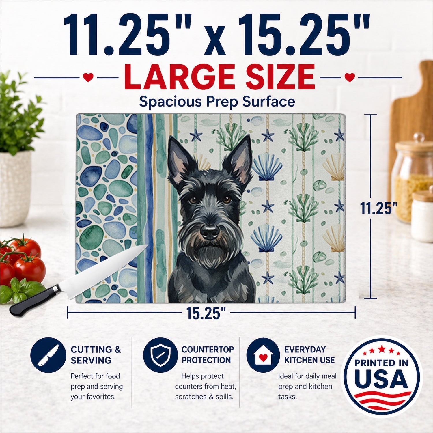 Scottish Terrier Coastal Sea Glass Cutting Board Tempered Glass Kitchen Cutting Surface, Heat Resistant Chopping, Non-Slip Feet, Food Prep & Serving