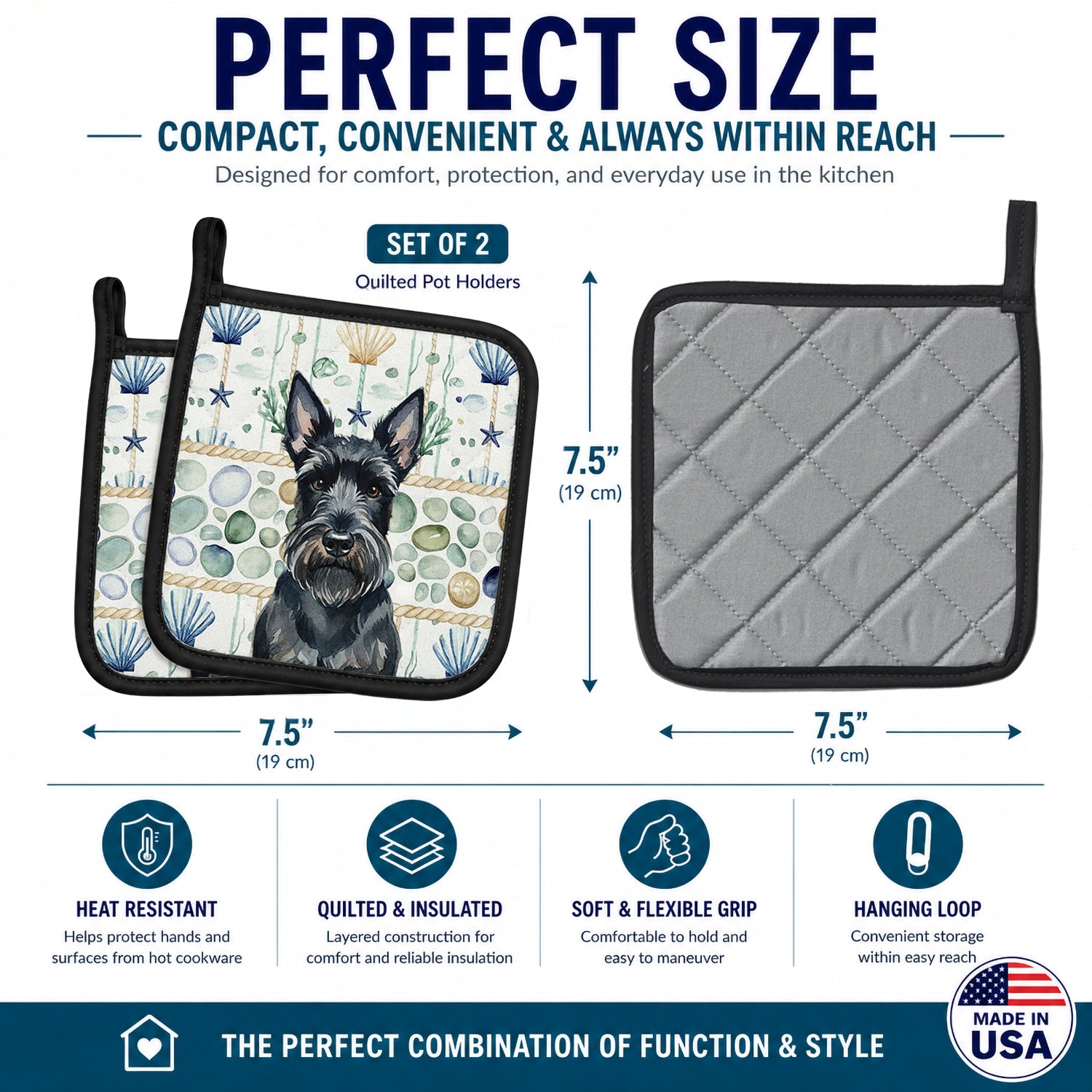 Scottish Terrier Coastal Sea Glass Pot Holder Set of 2 Heat Resistant Quilted Hot Pads 7.5 x 7.5 Inch, Insulated Kitchen Trivets for Cooking & Baking