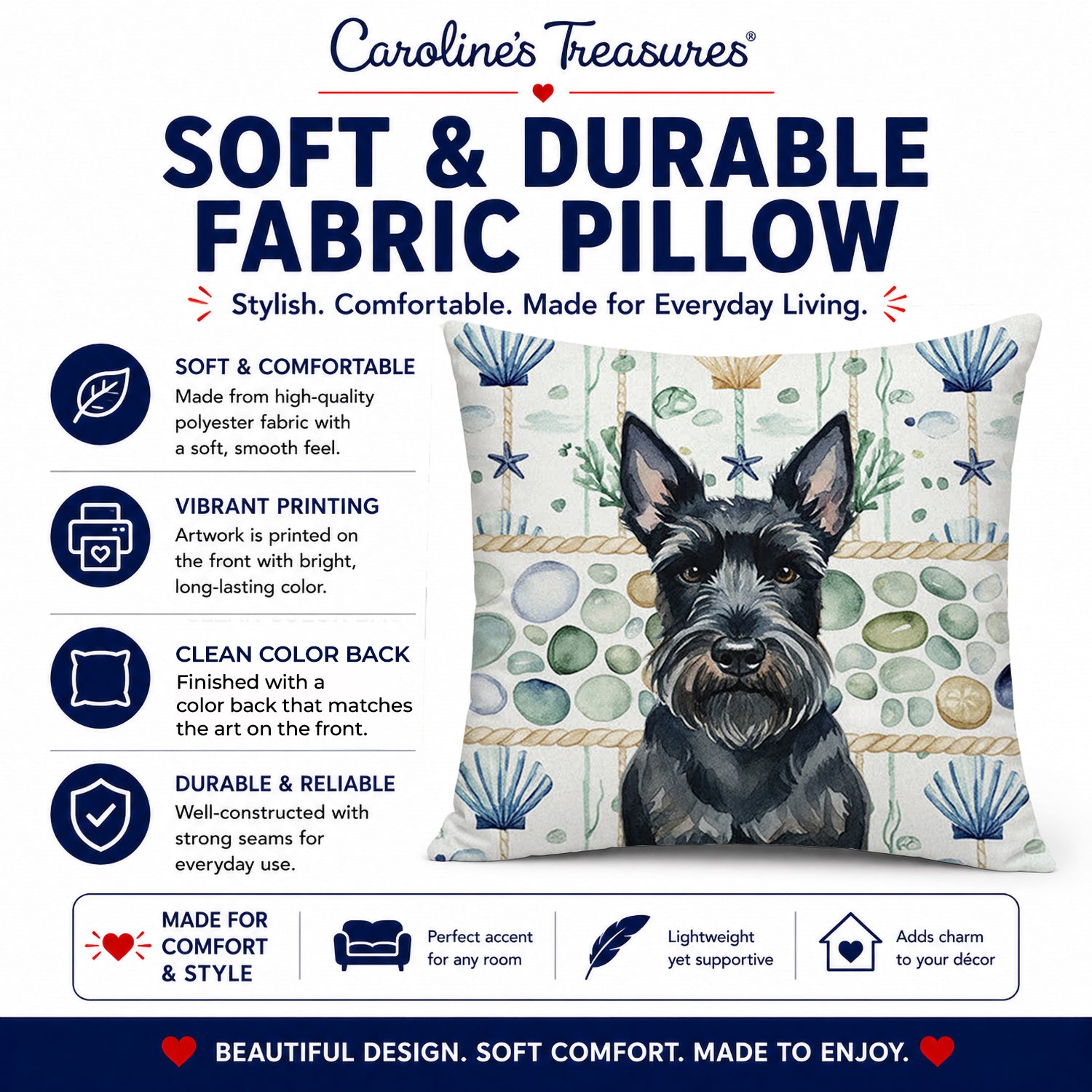 Scottish Terrier Coastal Sea Glass Decorative Throw Pillow 14x14 Indoor Outdoor Accent Cushion, Fabric Cover with Insert for Sofa, Bed, Porch & Living Room