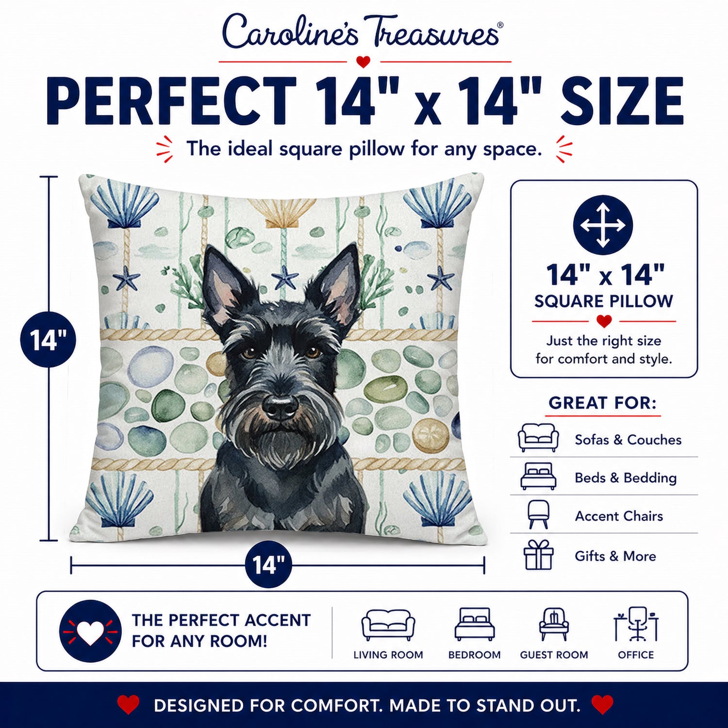 Scottish Terrier Coastal Sea Glass Decorative Throw Pillow 14x14 Indoor Outdoor Accent Cushion, Fabric Cover with Insert for Sofa, Bed, Porch & Living Room