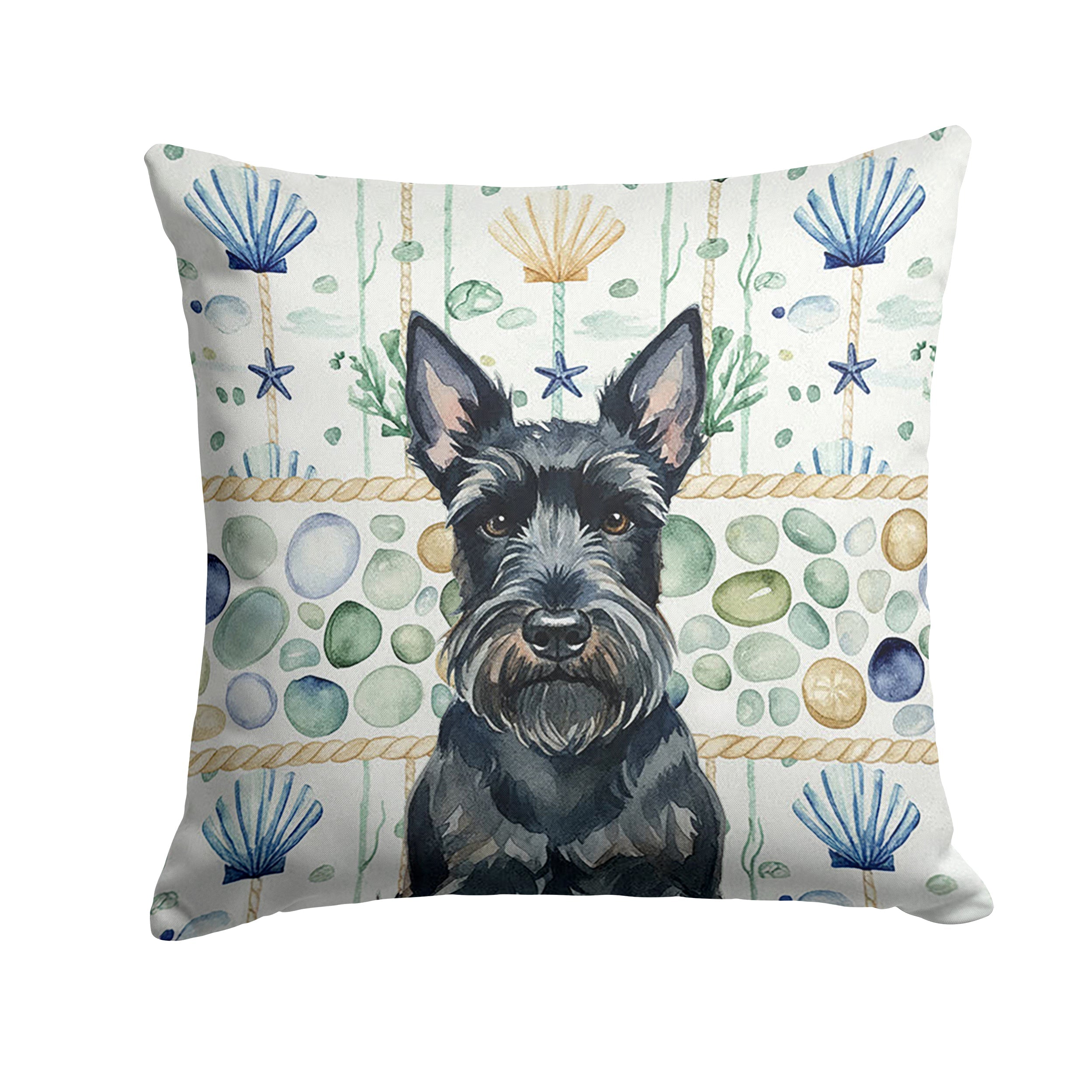 Scottish Terrier Coastal Sea Glass Decorative Throw Pillow 14x14 Indoor Outdoor Accent Cushion, Fabric Cover with Insert for Sofa, Bed, Porch & Living Room